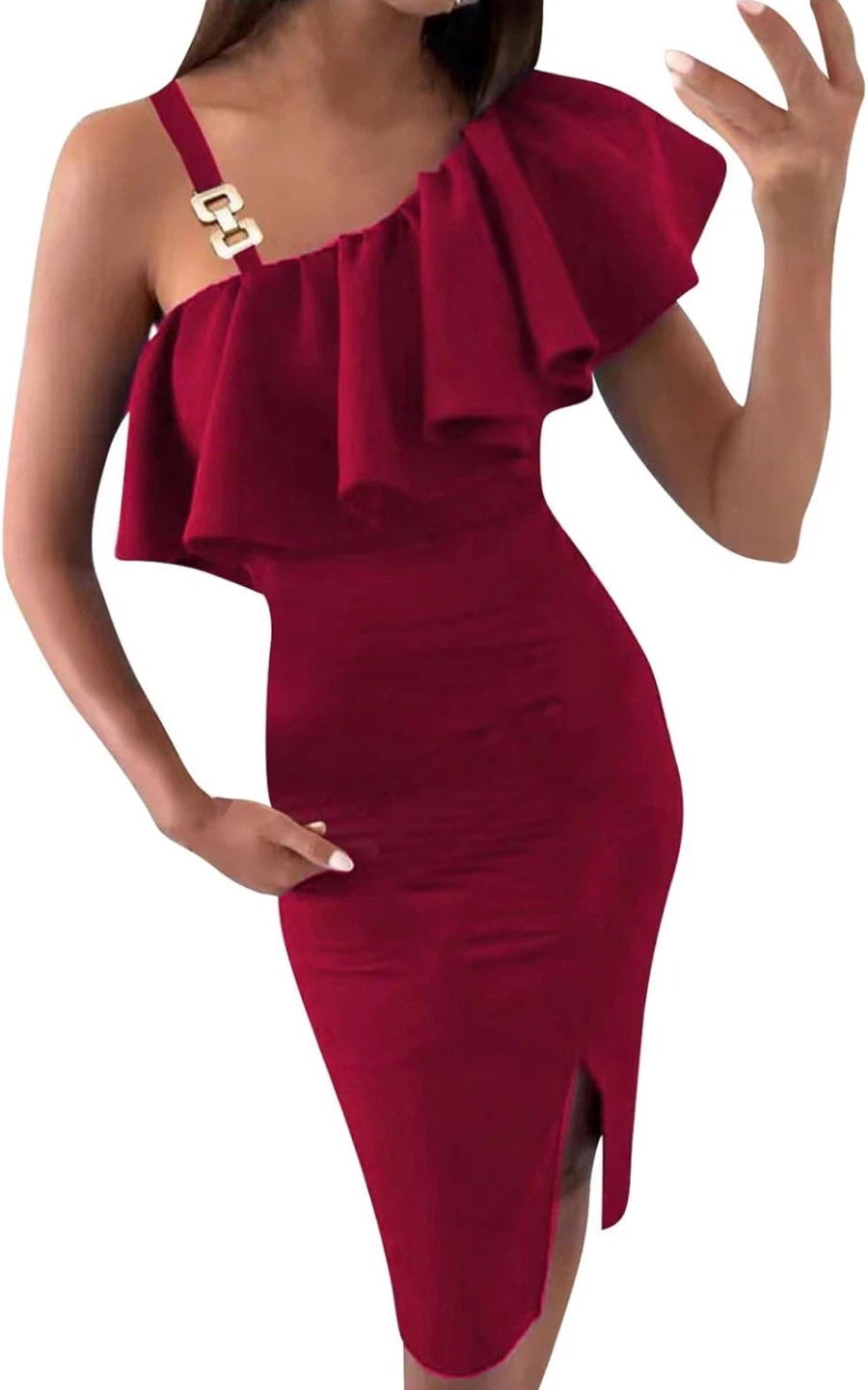 NEW! Sexy Slit One-Shoulder Ruffle Pencil Dress