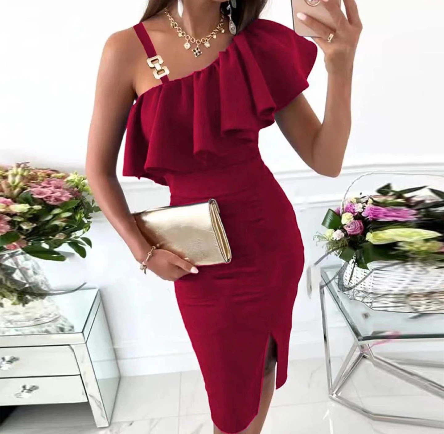 NEW! Sexy Slit One-Shoulder Ruffle Pencil Dress - photo 2