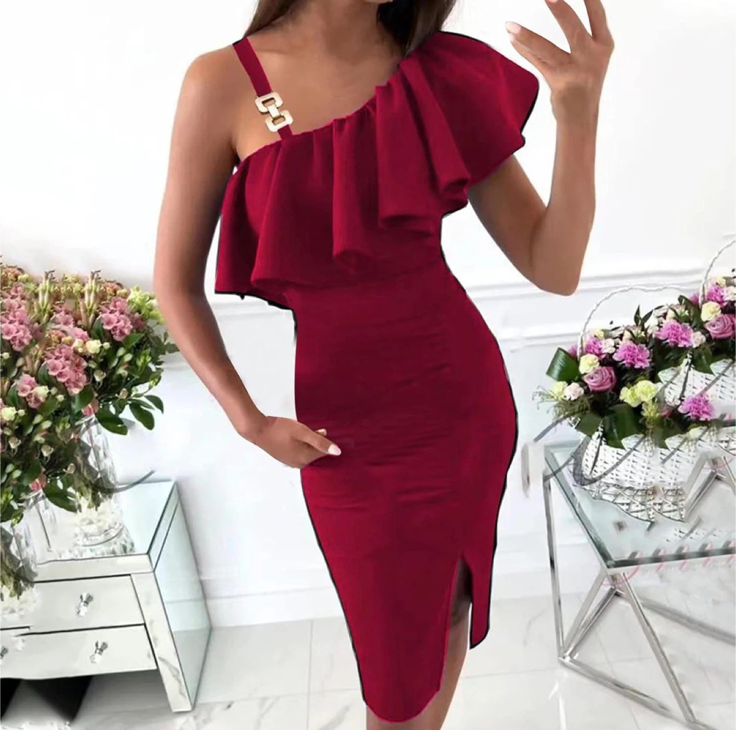 NEW! Sexy Slit One-Shoulder Ruffle Pencil Dress - photo 3