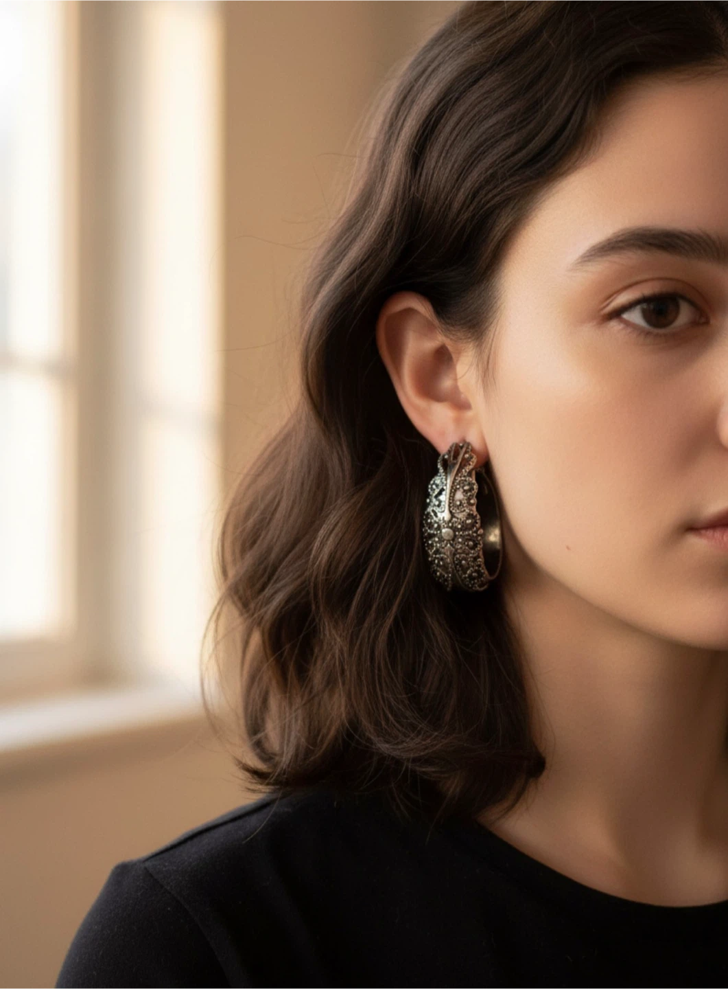 Vintage Ornate Silver-Tone Hoop Earrings - photo 4