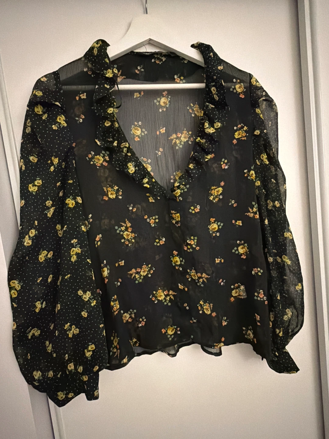 Black Floral Chiffon Blouse with Ruffle Detail