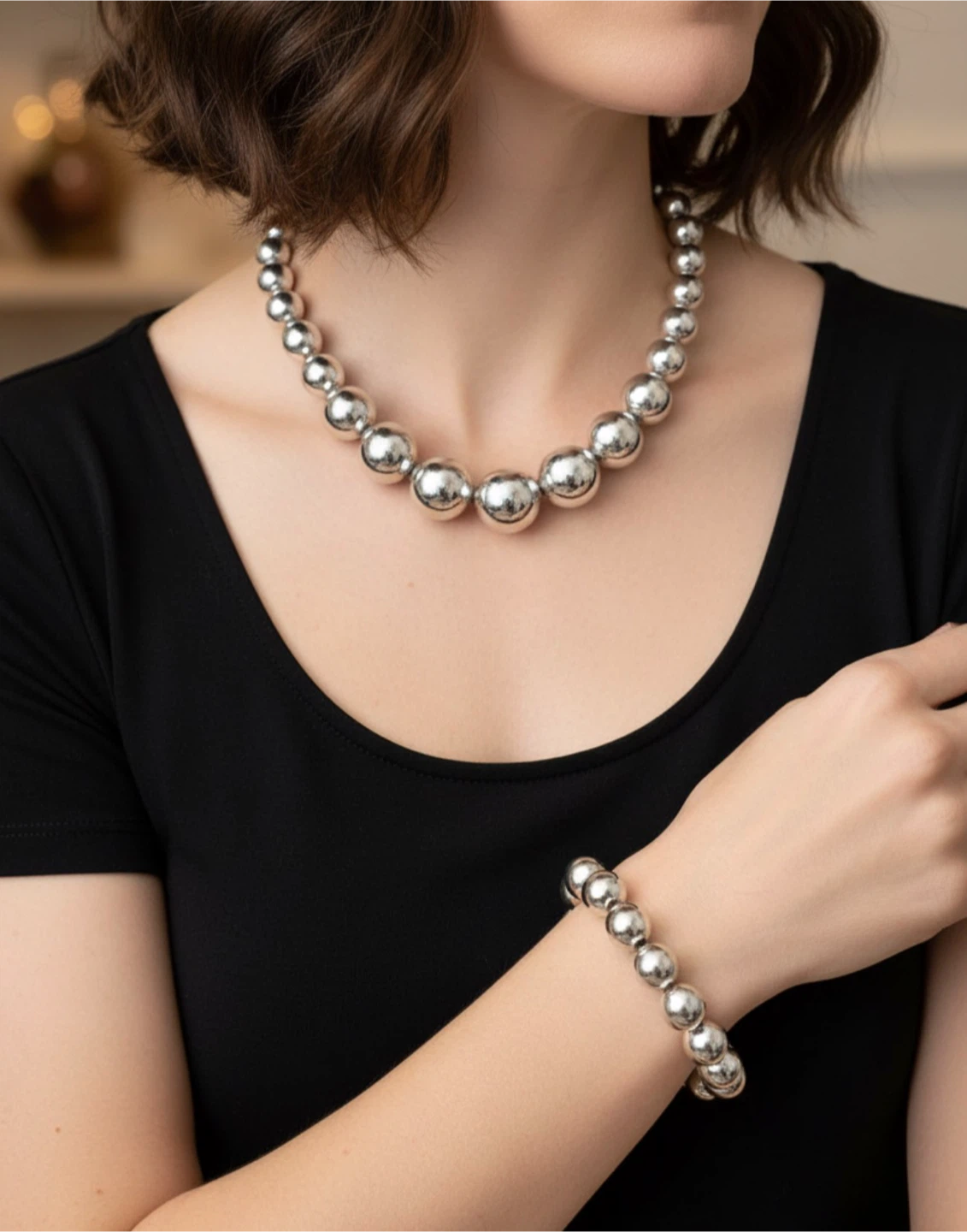 Vintage Silver Tone Beaded Necklace and Bracelet Set - photo 2