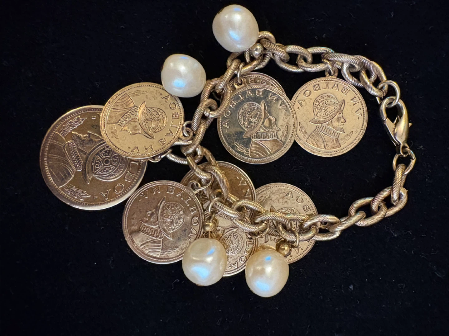 Vintage Gold-tone Charm Bracelet with  Pearls and Coin Charms