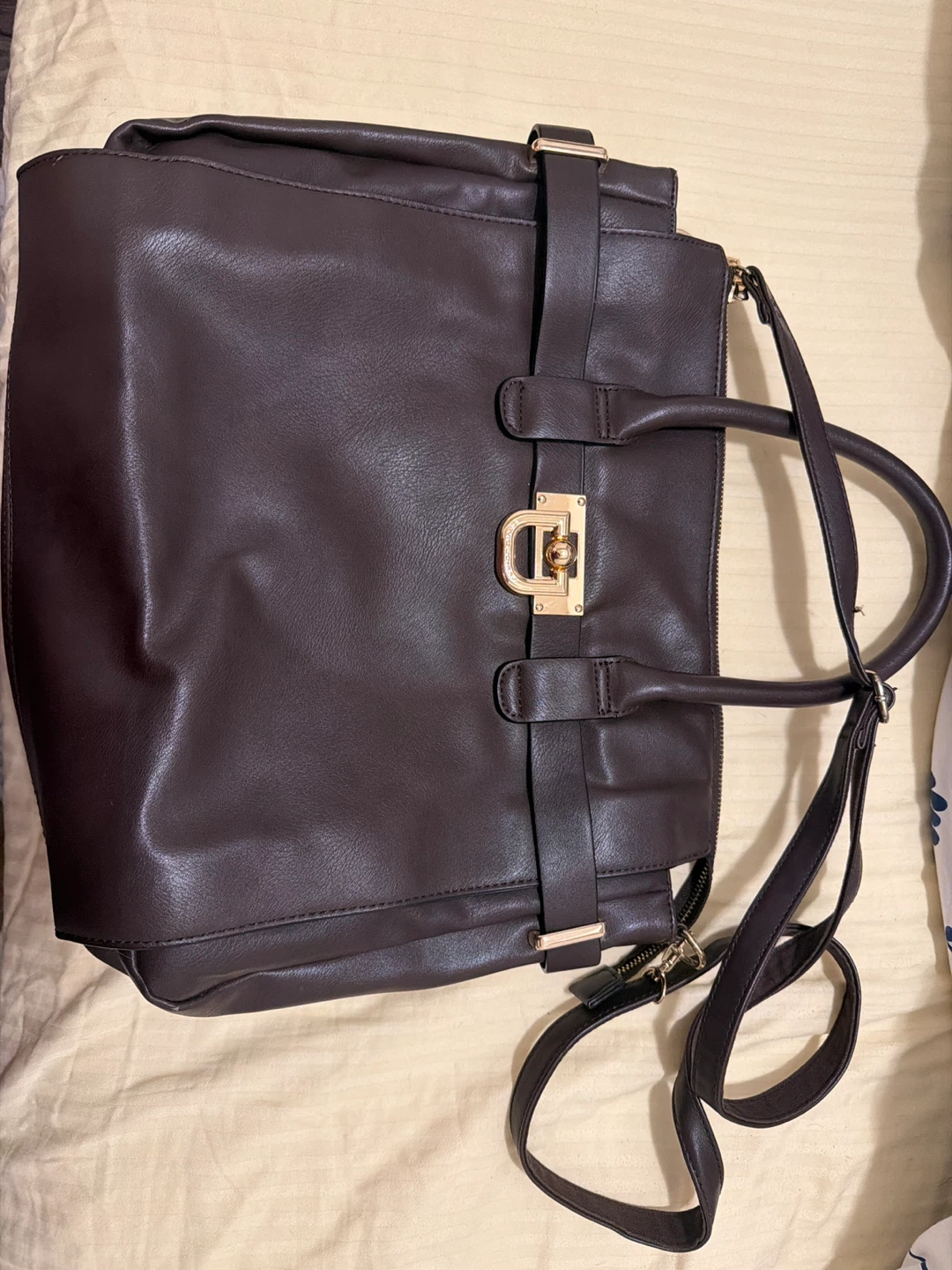 Dark Brown Faux Leather Handbag with Gold Accents