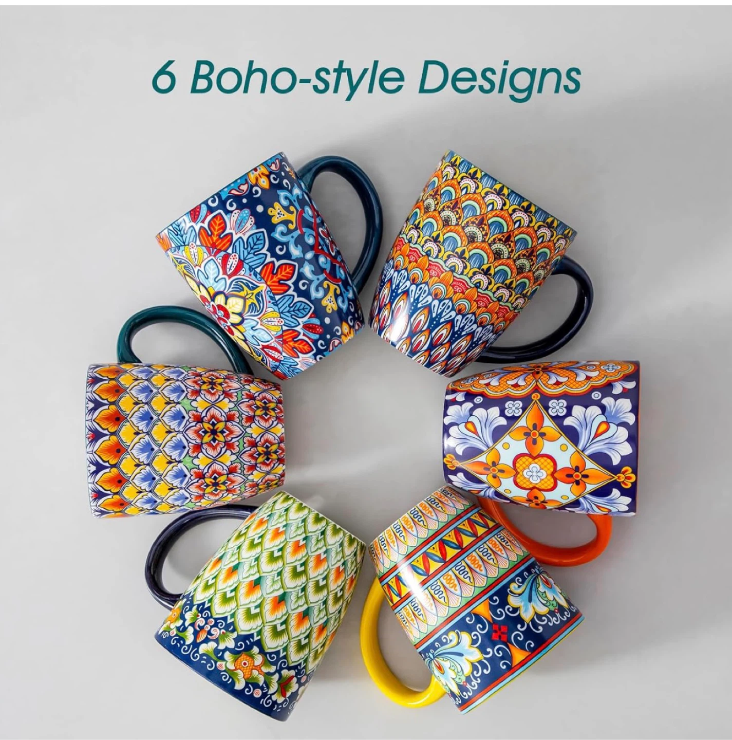 Set of 6 Ceramic Mugs with Boho-style Designs