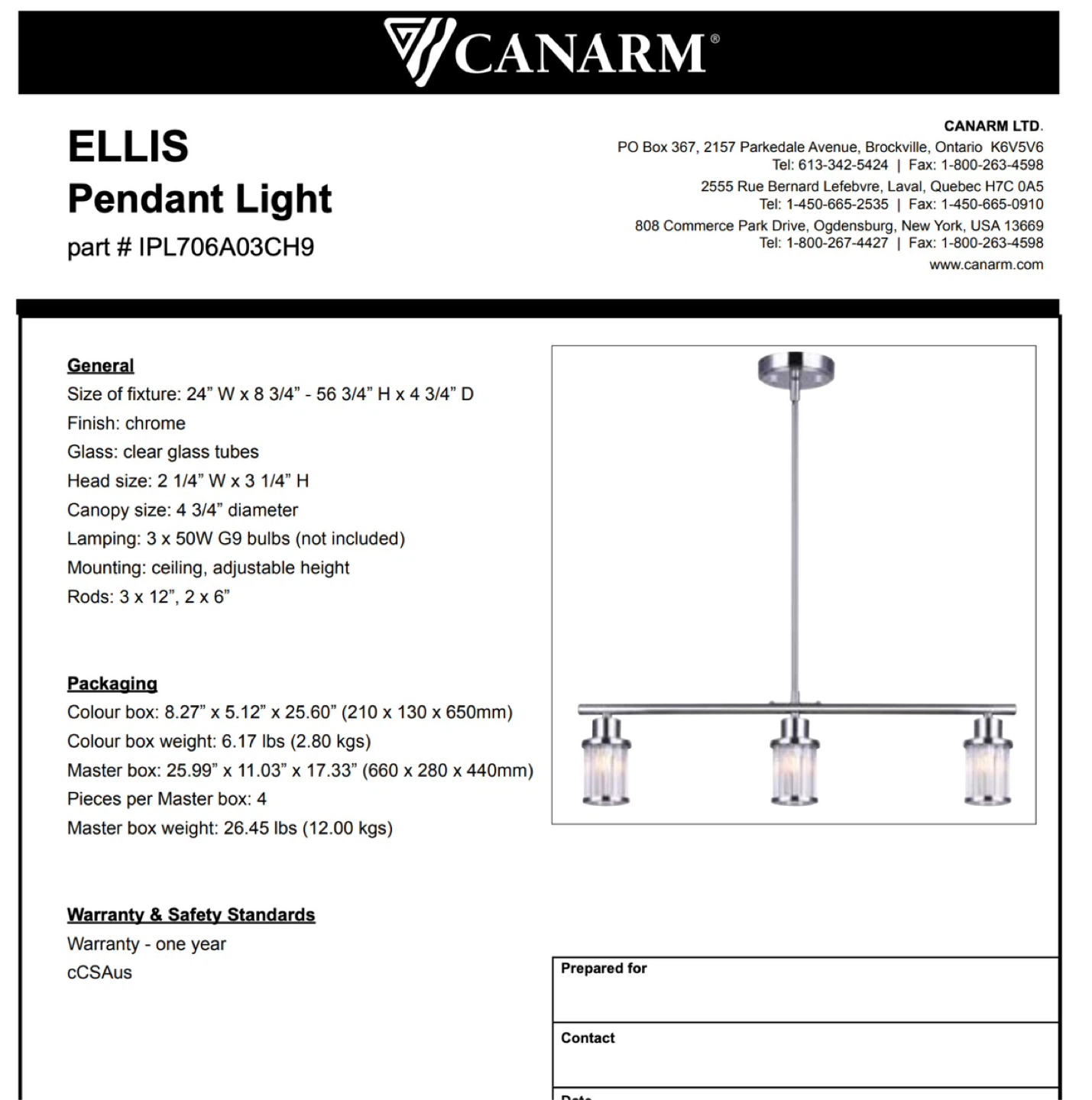 Canarm Ellis Chrome 3-Light Pendant Light-Brand New - photo 5