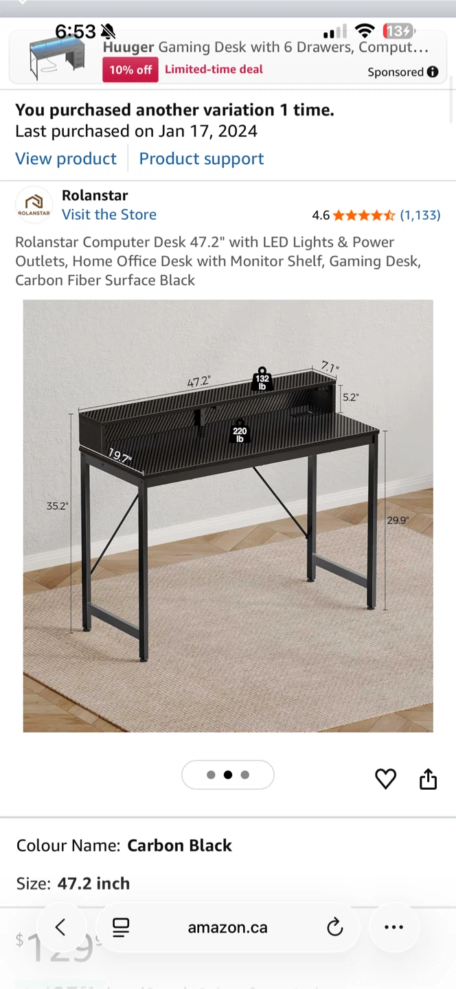 Rolynstar Computer Desk 47.2" with LED Lights & Power Outlets - photo 2