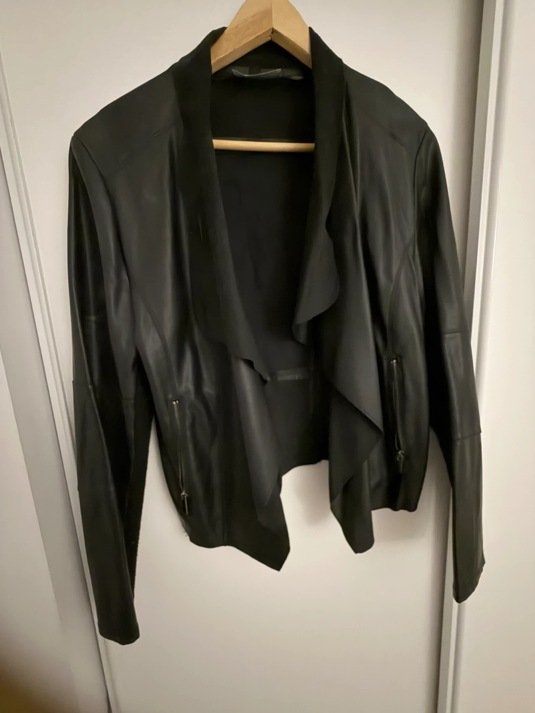 Black Drape Front Faux Leather Jacket