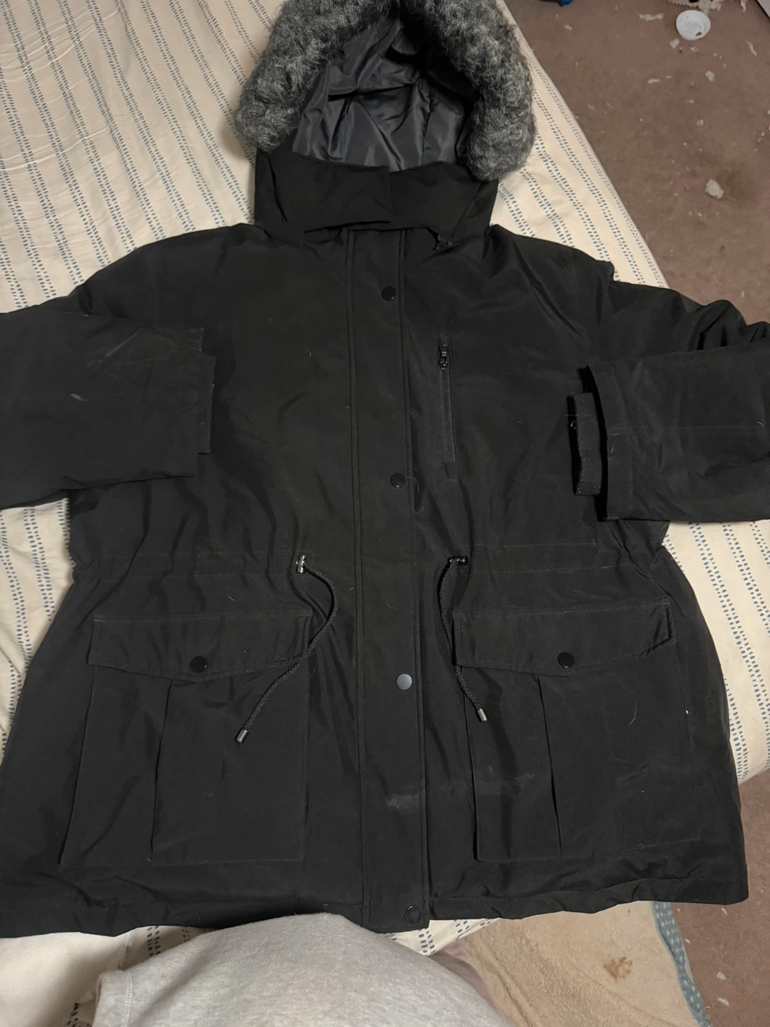 Black Parka Jacket with Fur Hood