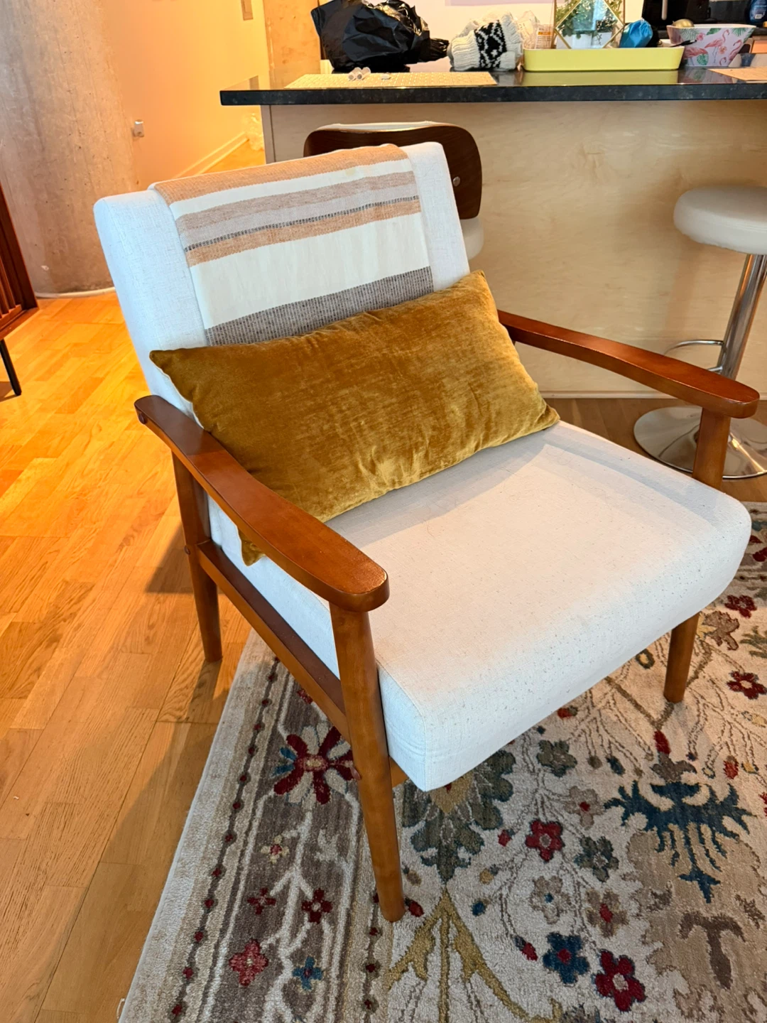 Cream Upholstered Armchair with Wooden Frame