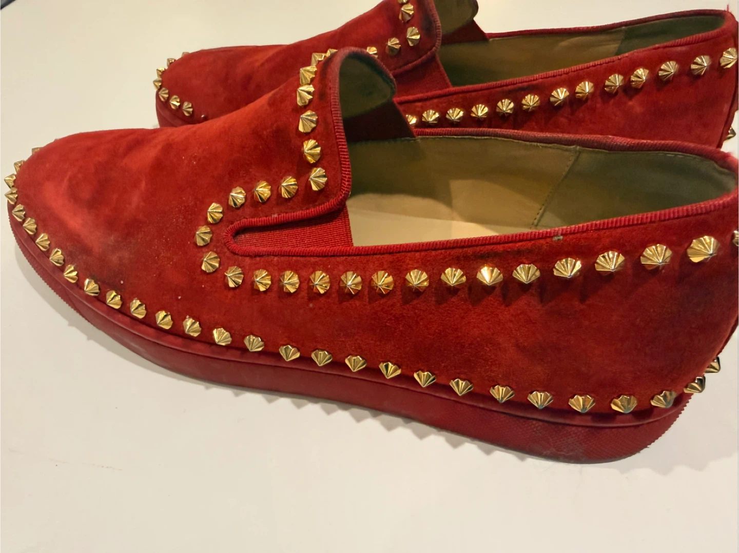 Christian Louboutin Red Suede Spiked Loafers - photo 3