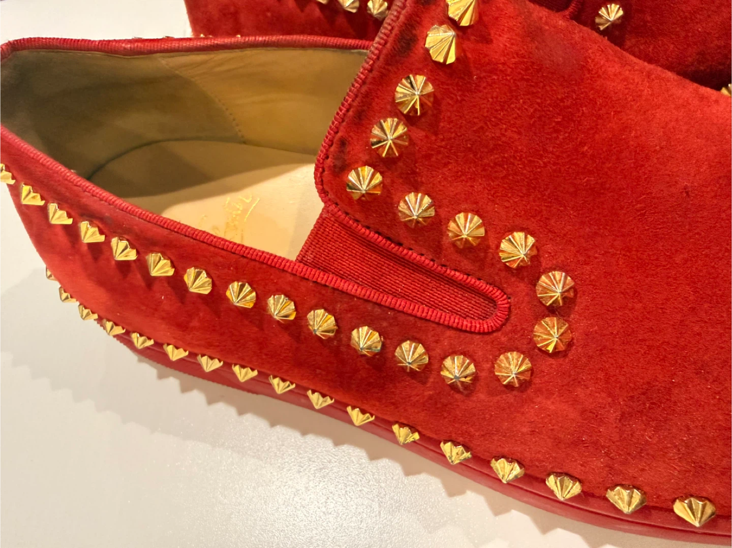 Christian Louboutin Red Suede Spiked Loafers - photo 2