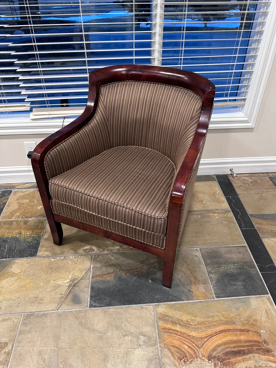 Club Chair with Striped Fabric Upholstery and Wooden Frame