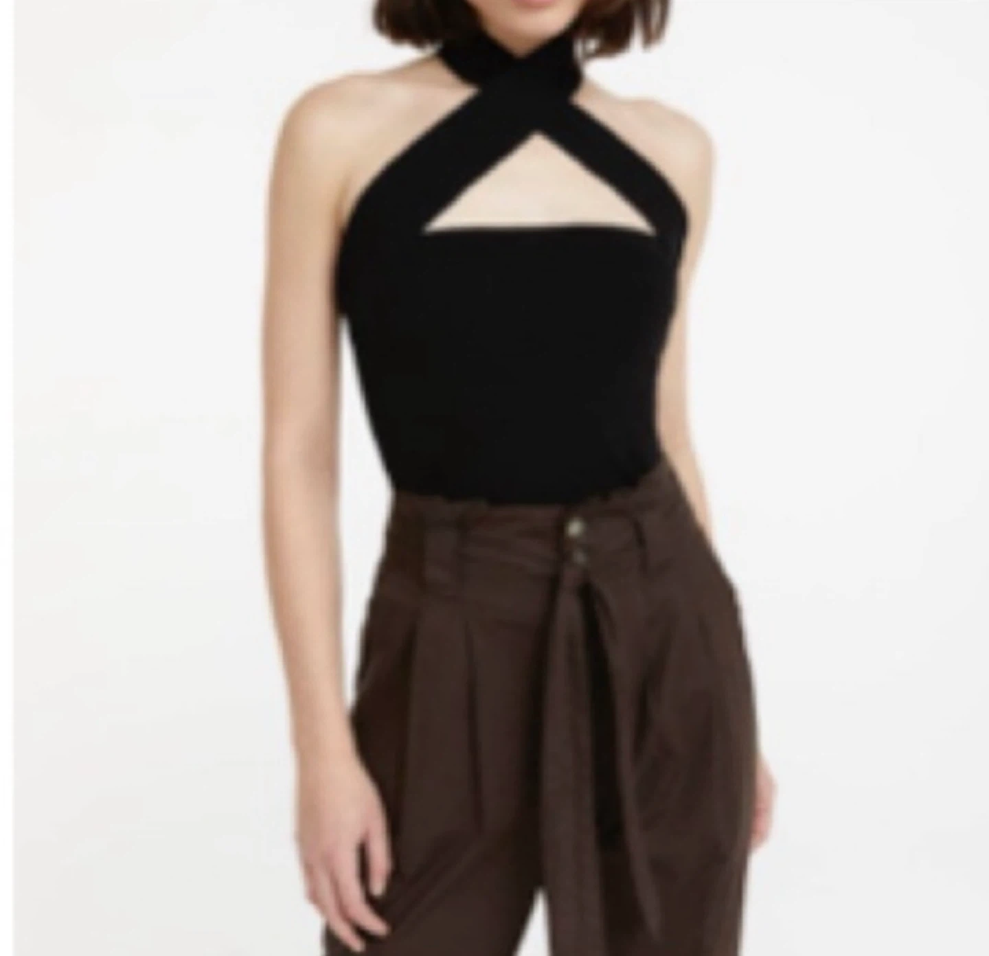 Plus size ribbed crisscross halter top black