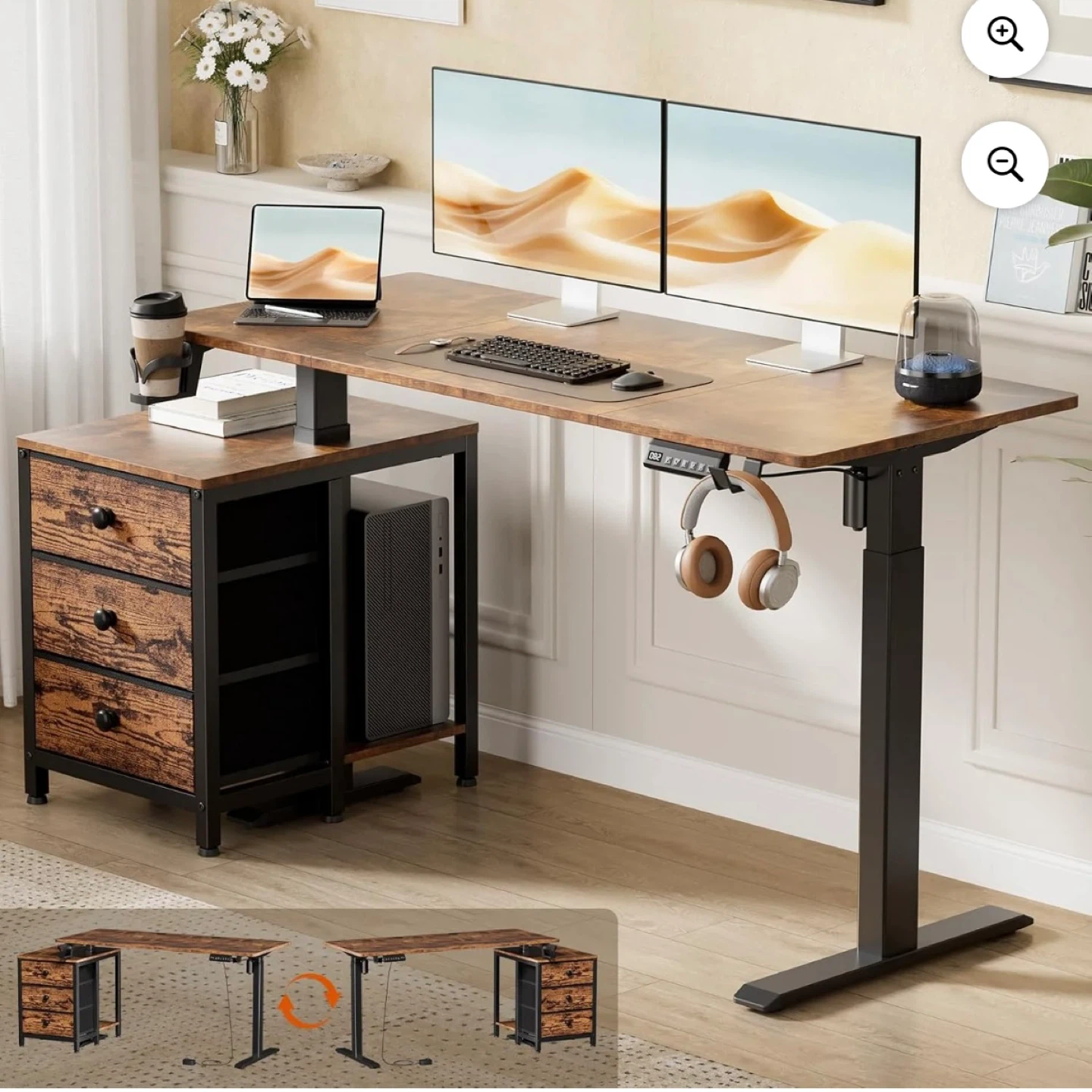 Electric Standing Desk with 3-Drawer Cabinet