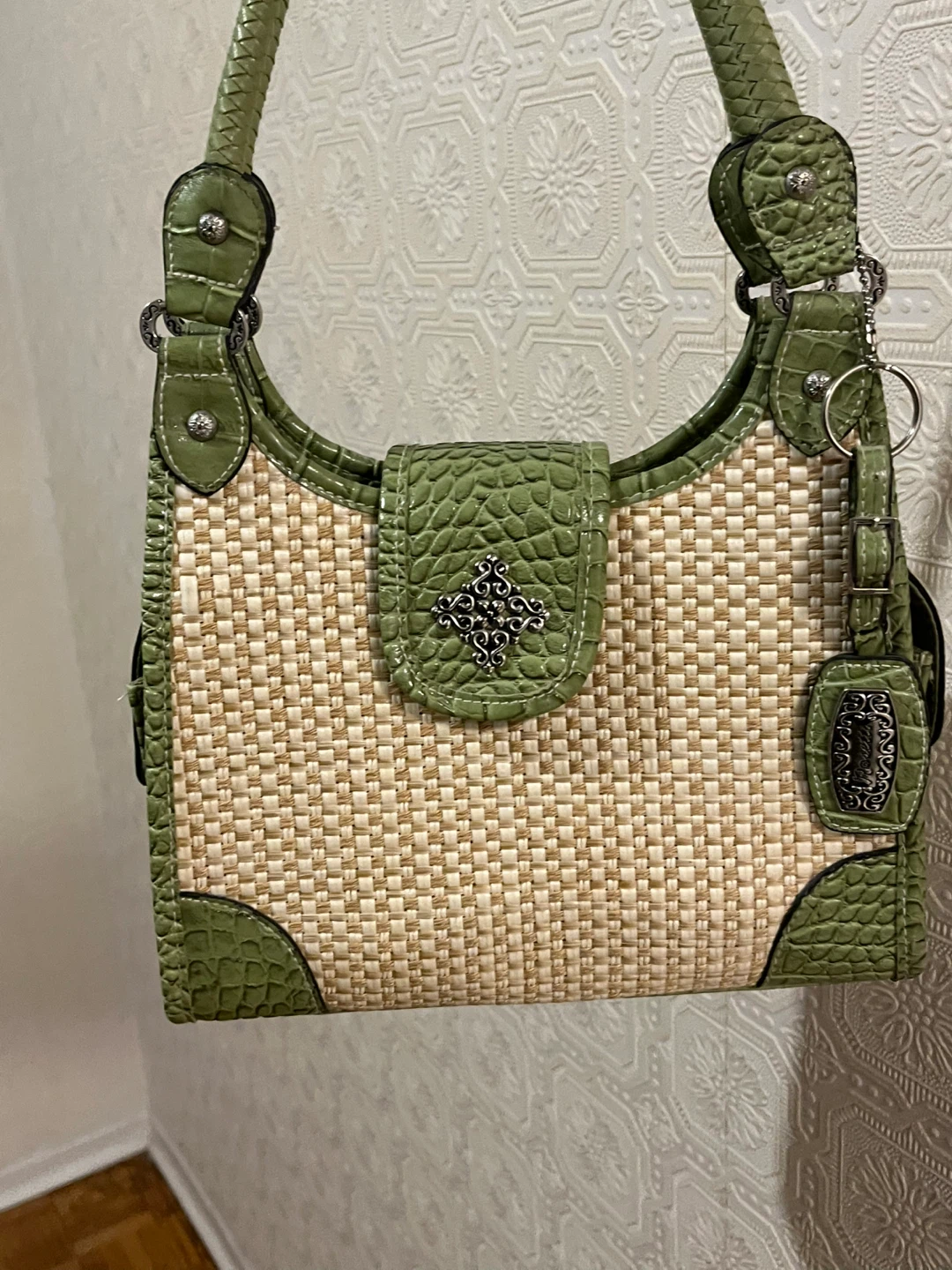 Rosetti Straw and Faux Croc Handbag - Green