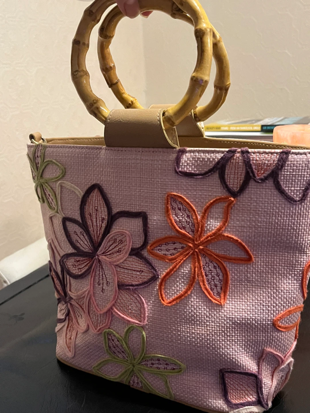 CALIFORNIA Straw Tote Bag Bamboo Handles and Floral Embroidery