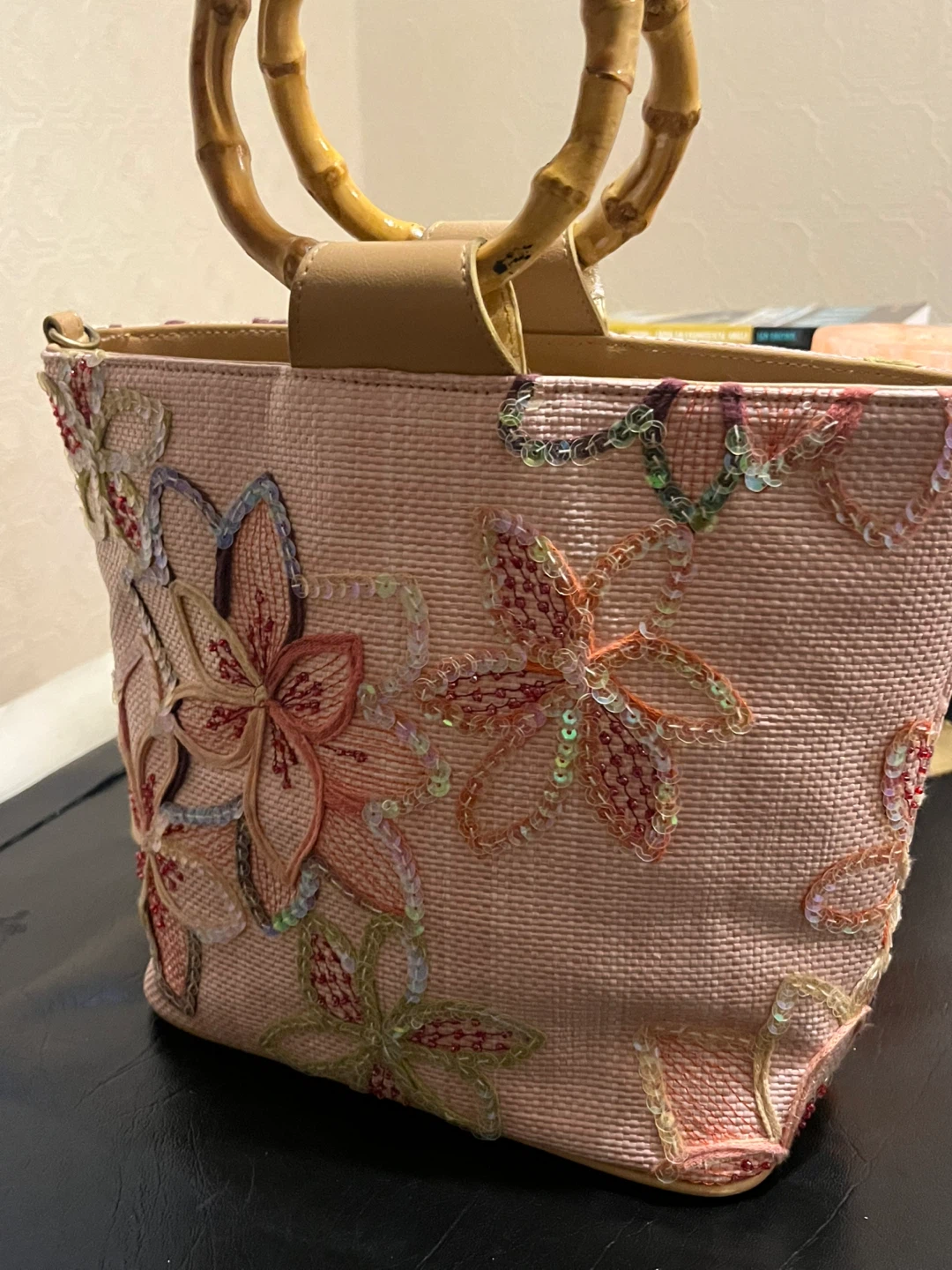 CALIFORNIA Straw Tote Bag Bamboo Handles and Floral Embroidery - photo 2