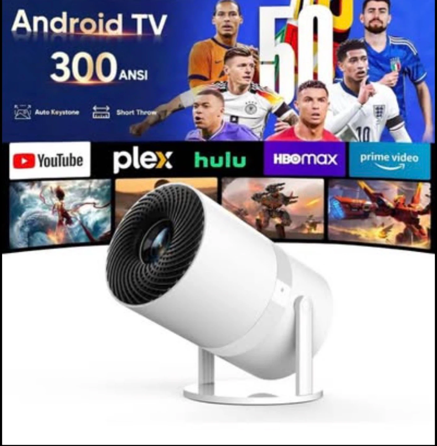 Android TV Projector with WiFi 6 and Auto Keystone