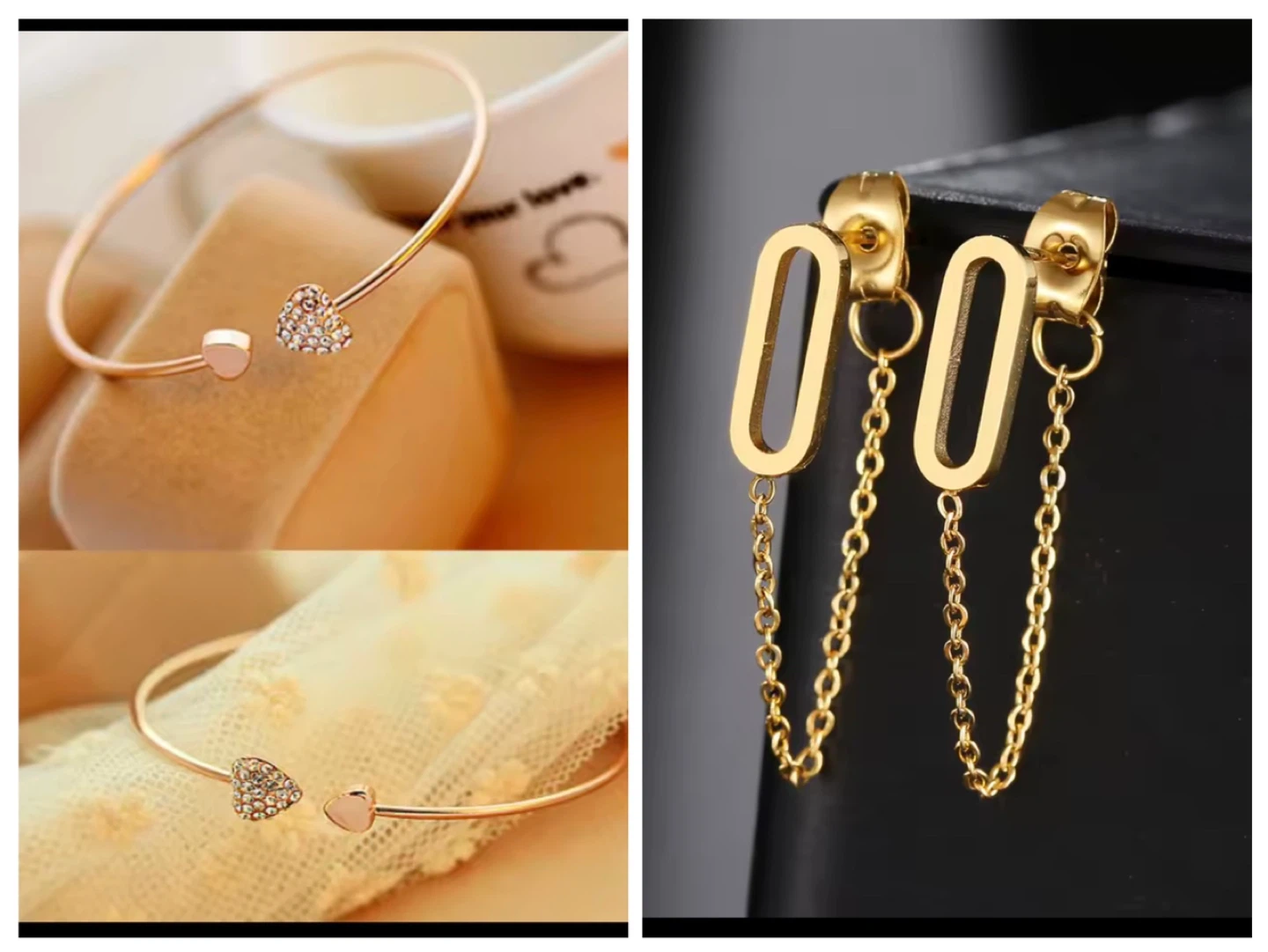3 pieces gold plated stainless steel 2 bracelets and earrings - photo 2