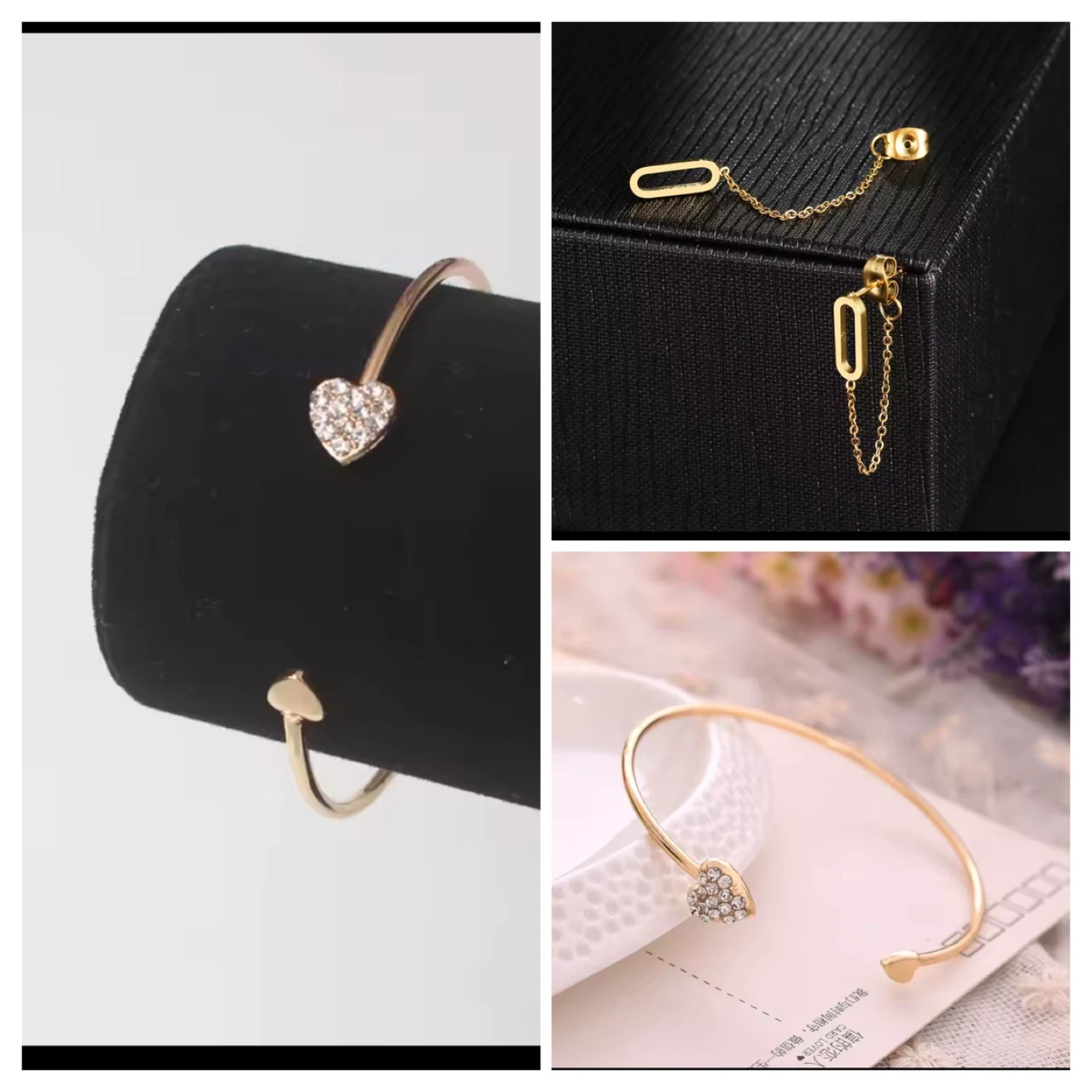 3 pieces gold plated stainless steel 2 bracelets and earrings - photo 3