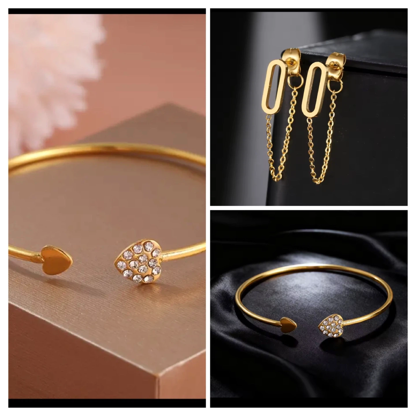 3 pieces gold plated stainless steel 2 bracelets and earrings