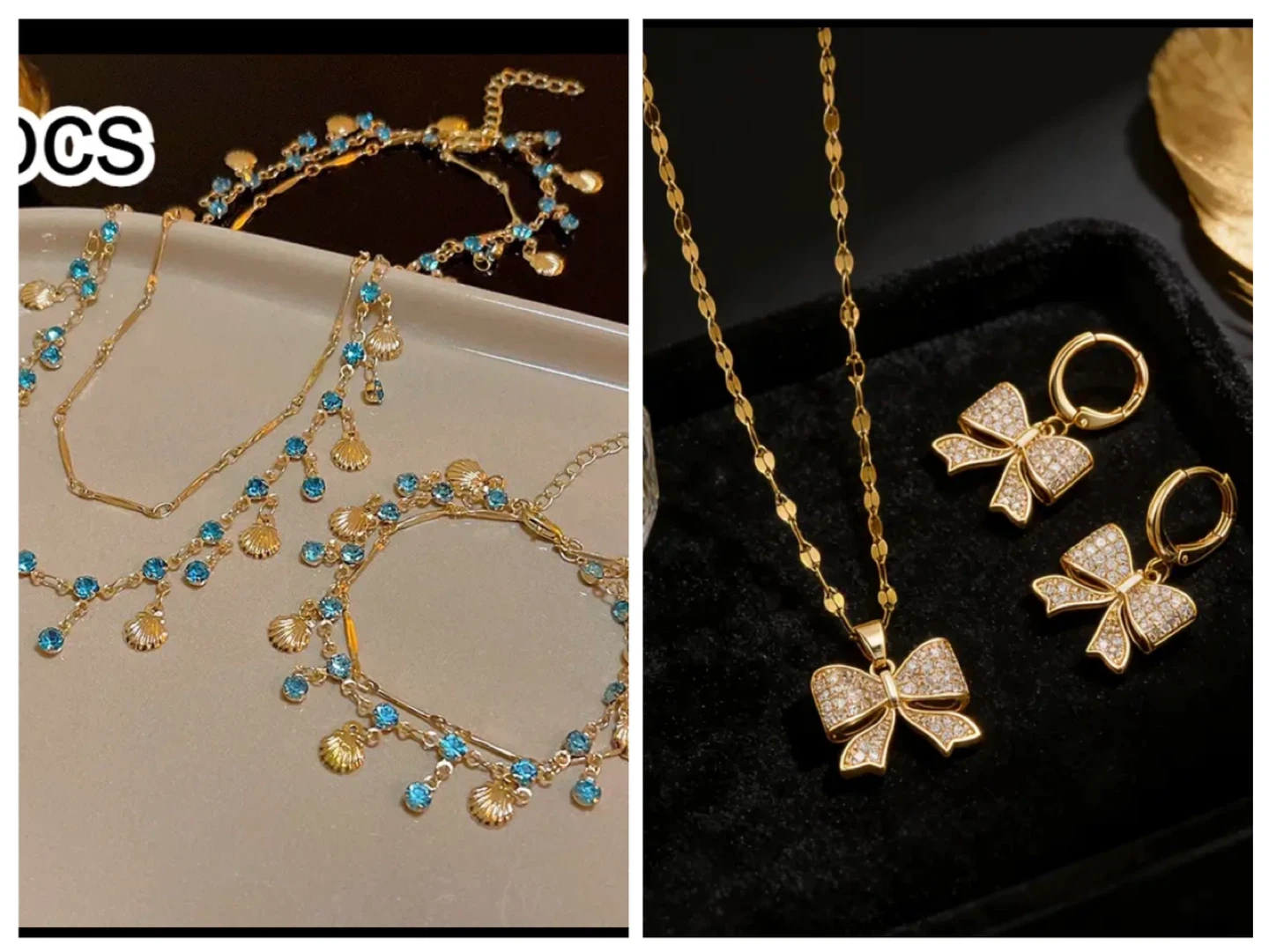 🏆Gold Tone Necklace and Earring Set with Blue Gems and Shells