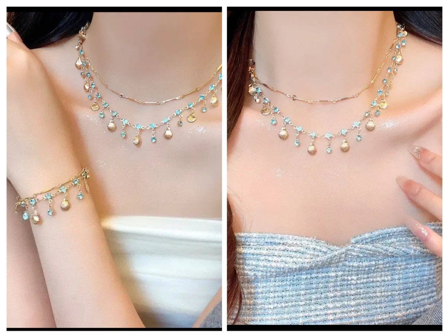 🏆Gold Tone Necklace and Earring Set with Blue Gems and Shells - photo 3
