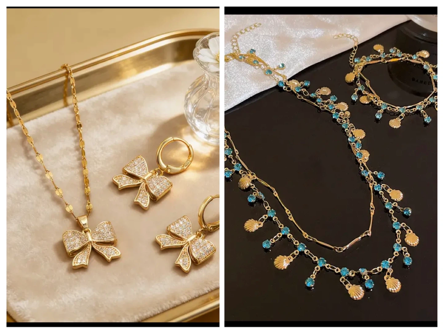 🏆Gold Tone Necklace and Earring Set with Blue Gems and Shells - photo 4