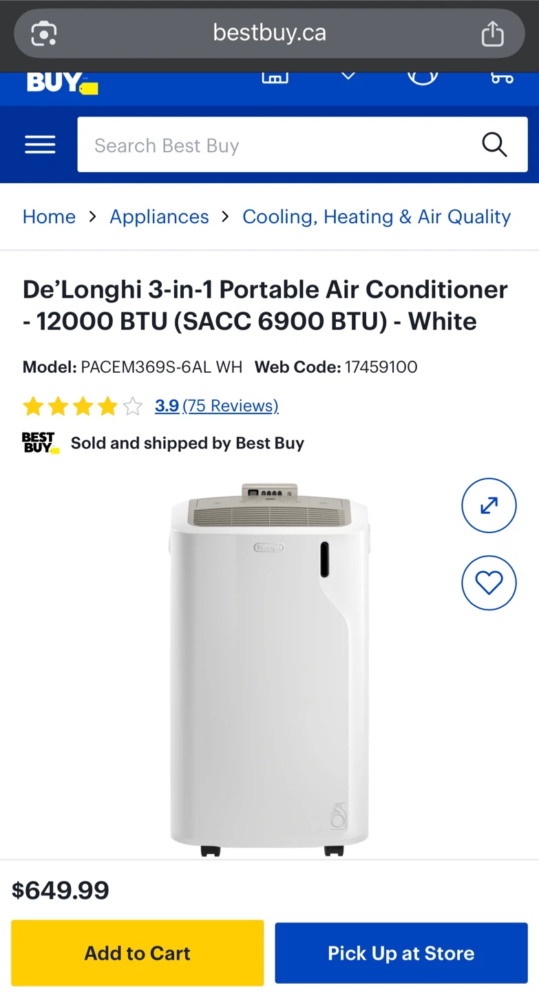 De'Longhi 3-in-1 Portable Air Conditioner - 12000 BTU