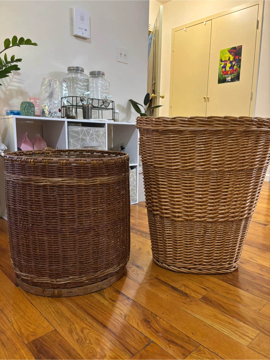 Two large woven wicker baskets