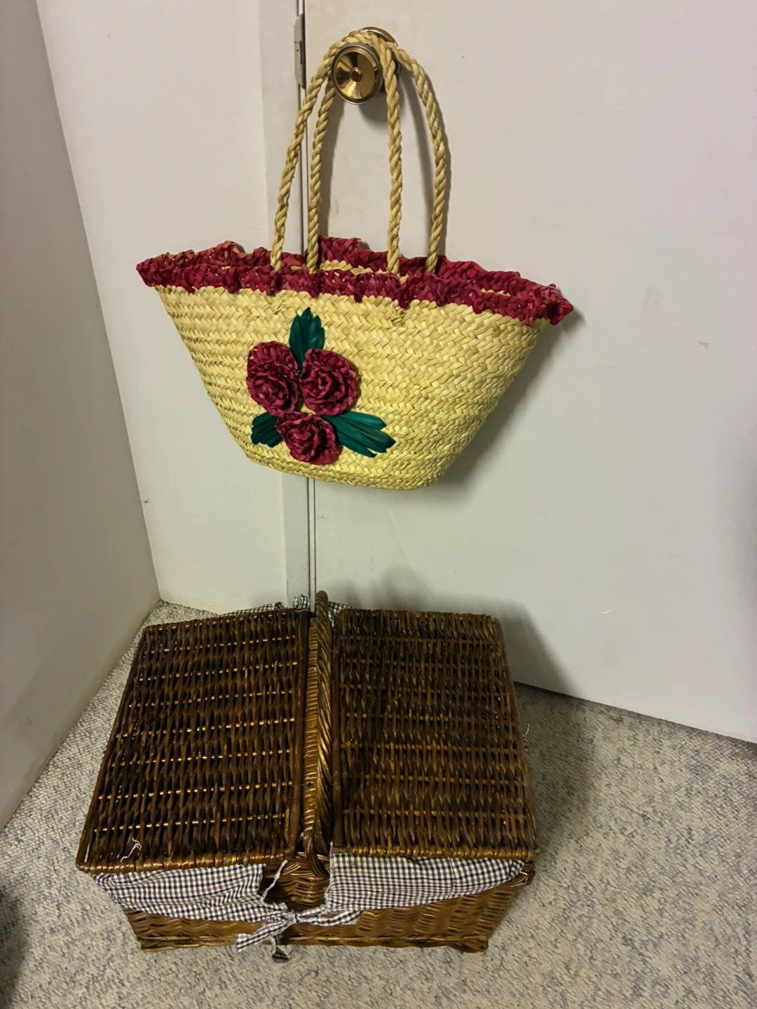 Wicker Picnic Basket and Straw Tote Bag