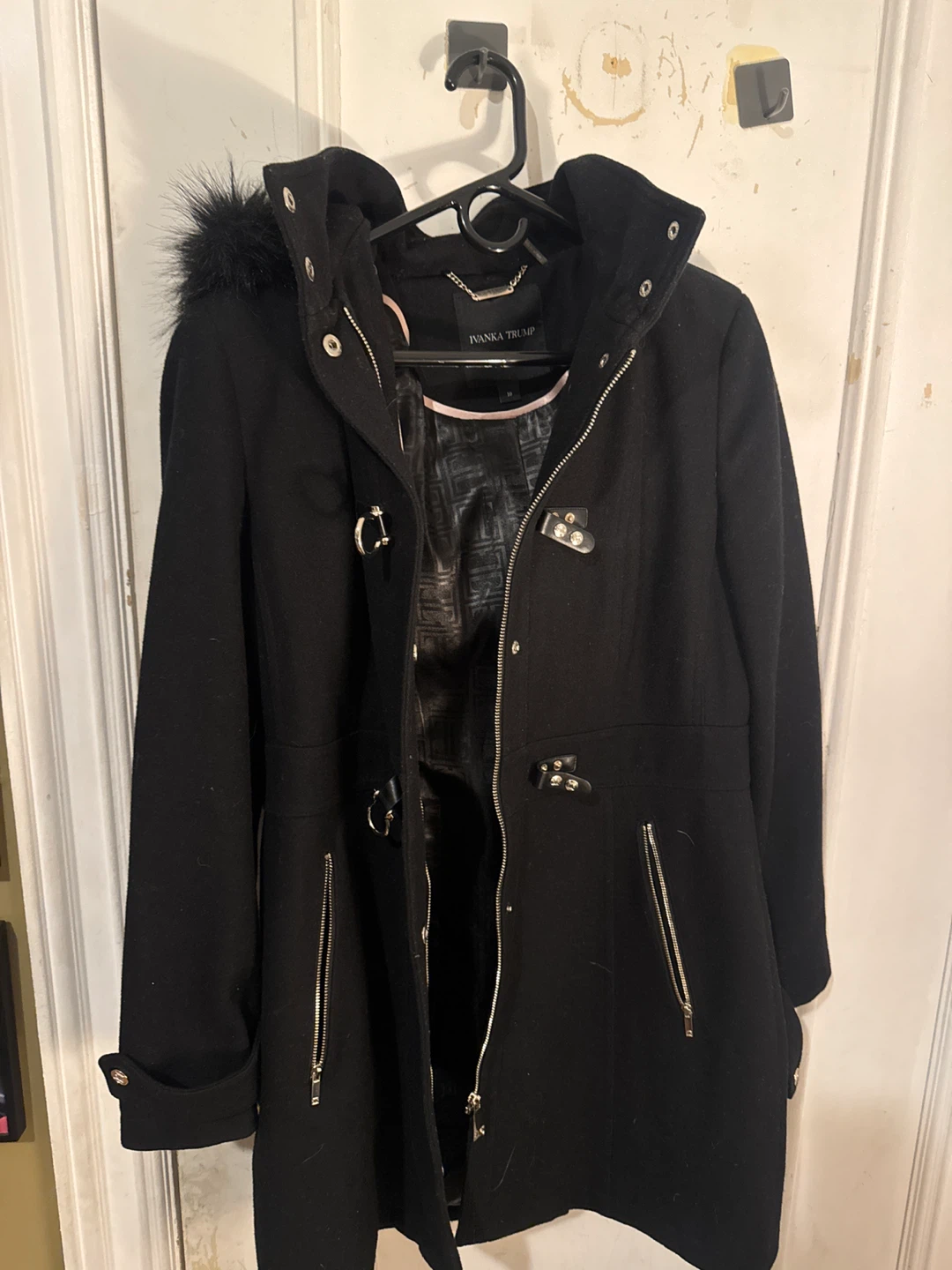 Ivanka Trump Black Wool Blend Coat with Faux Fur Hood - Size 10