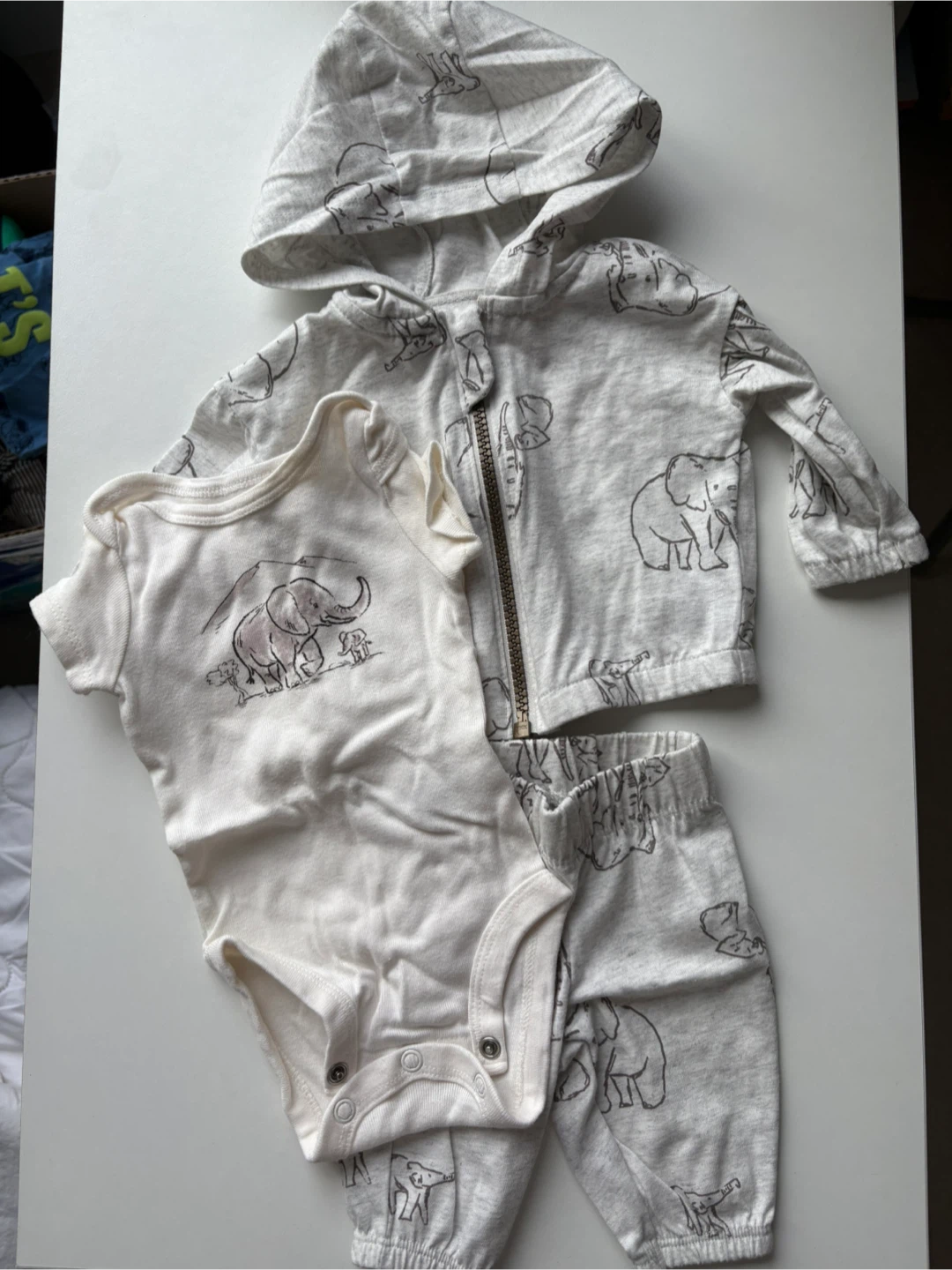 Baby Elephant Outfit - Bodysuit, Pants & Zip-Up Hoodie