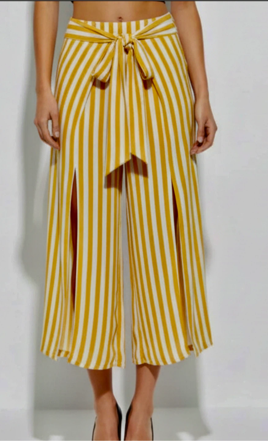 Yellow Striped Wide Leg Culottes with Tie Front