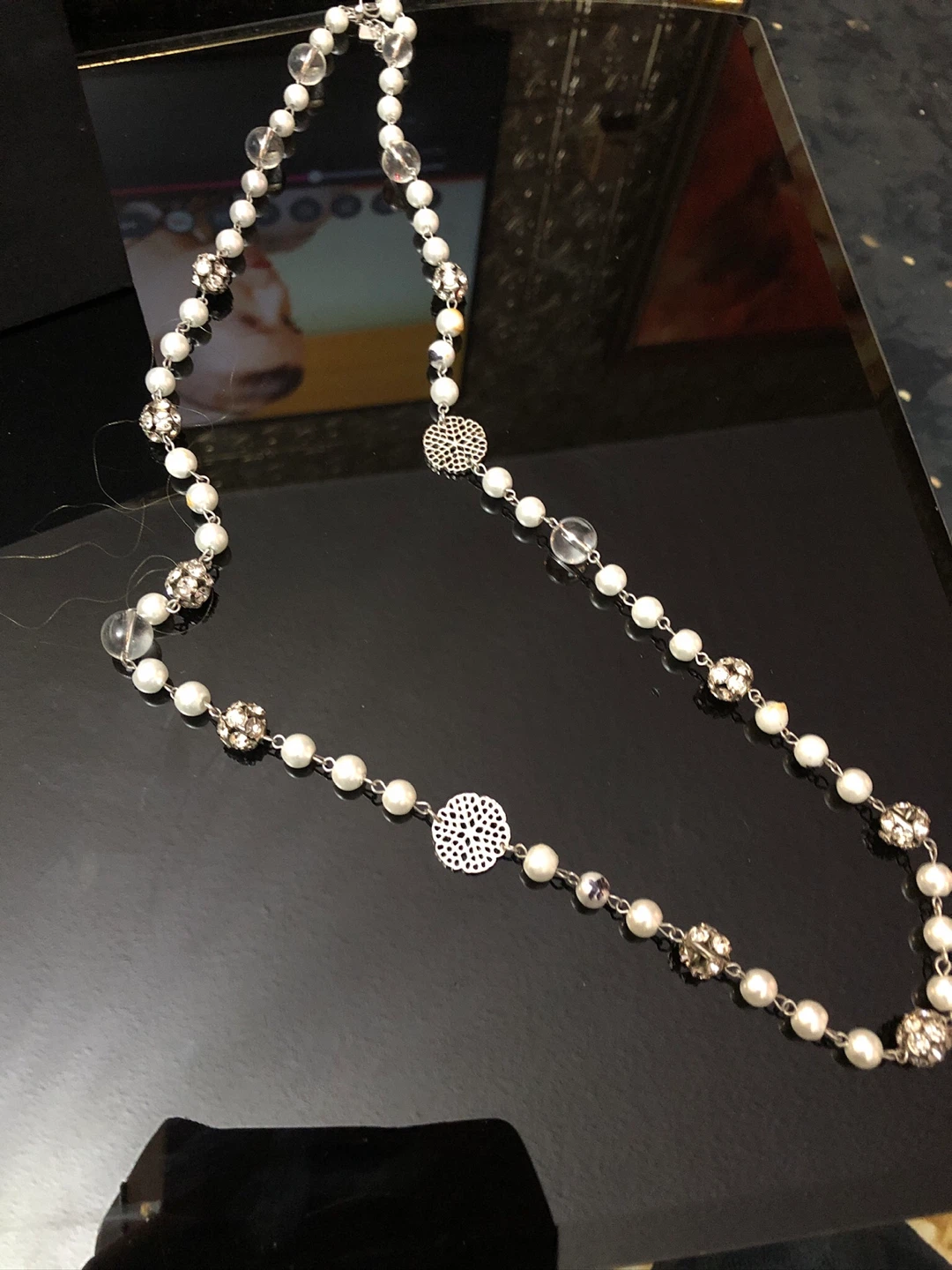 Silver tone pearl and crystal necklace - photo 2
