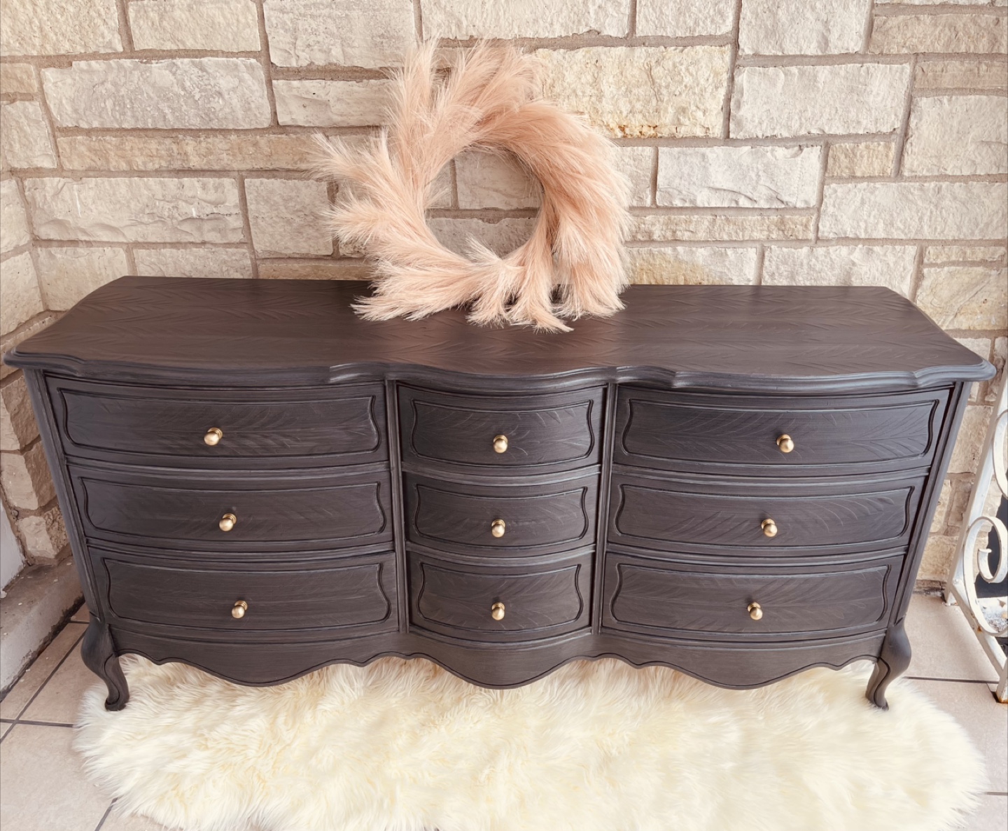 Redone French Provincial 9 Drawers Dresser Brushed Gray/ Gold
