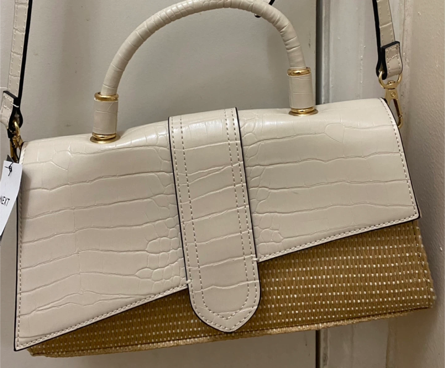 Next Cream & Tan Straw/Faux Croc Handbag