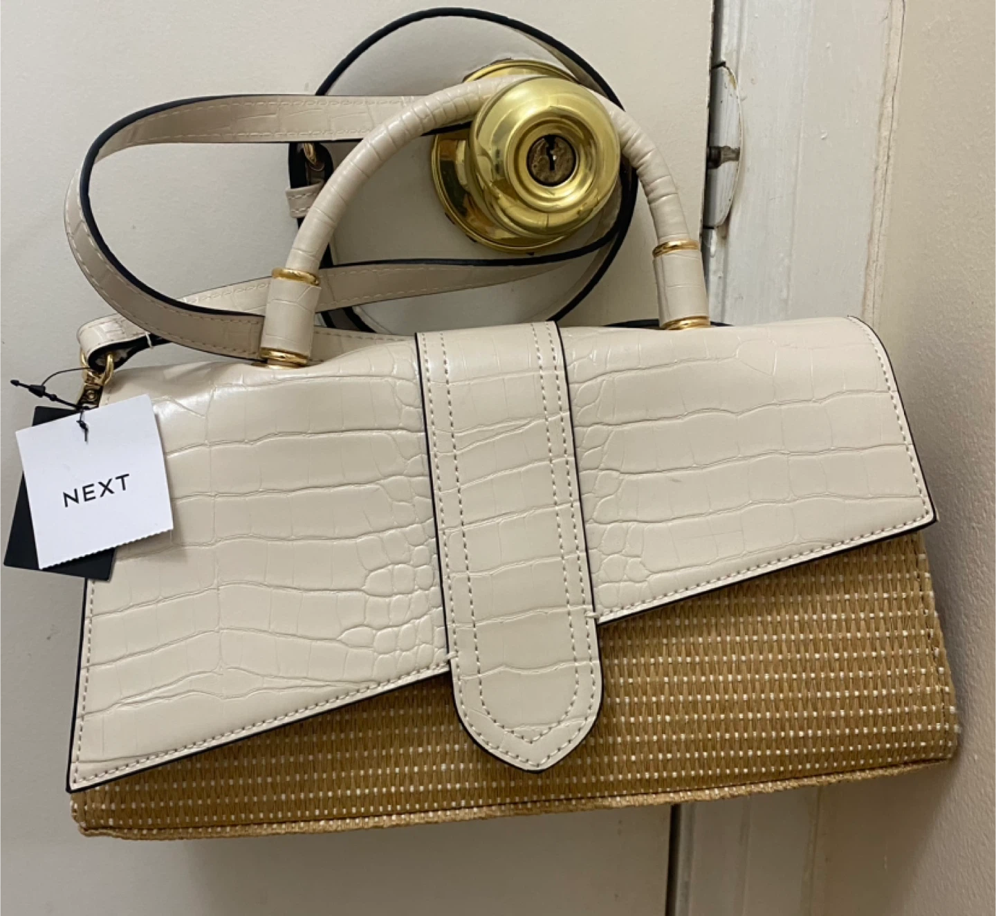 Next Cream & Tan Straw/Faux Croc Handbag - photo 2
