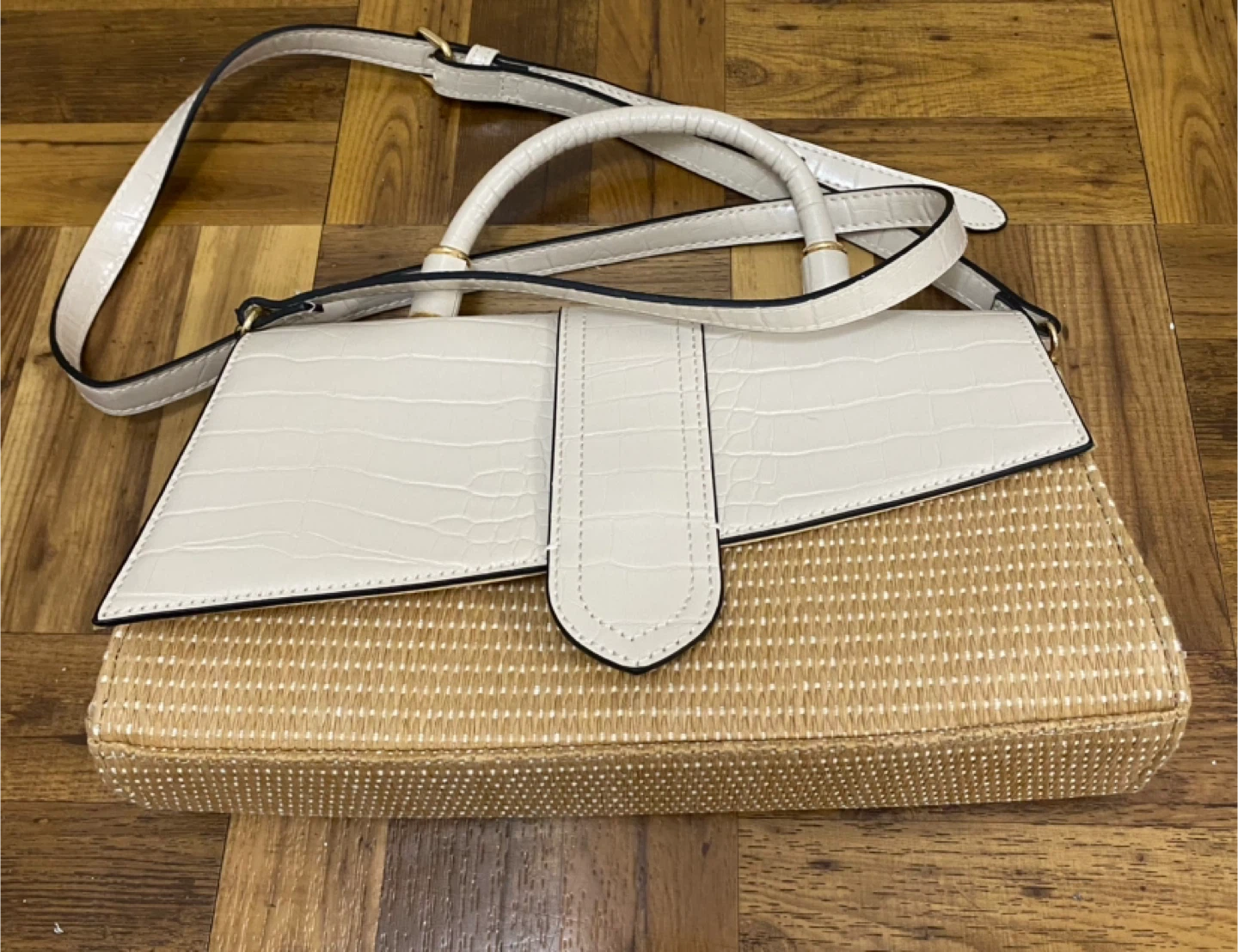 Next Cream & Tan Straw/Faux Croc Handbag - photo 5