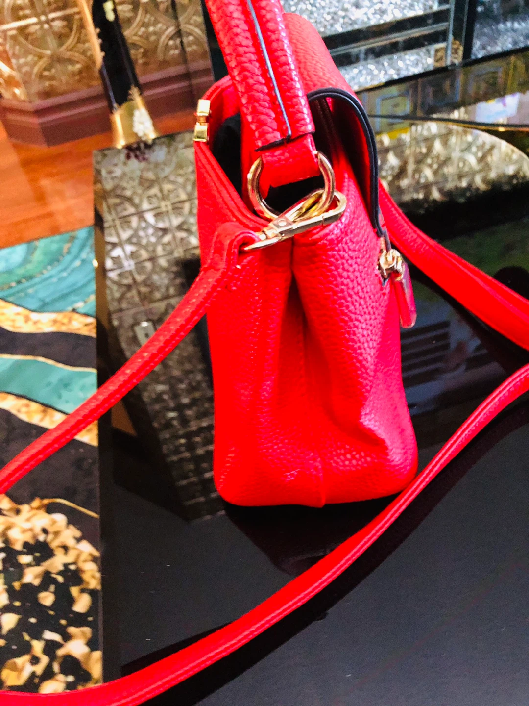Red Faux Leather Handbag with Gold V Detail - photo 4