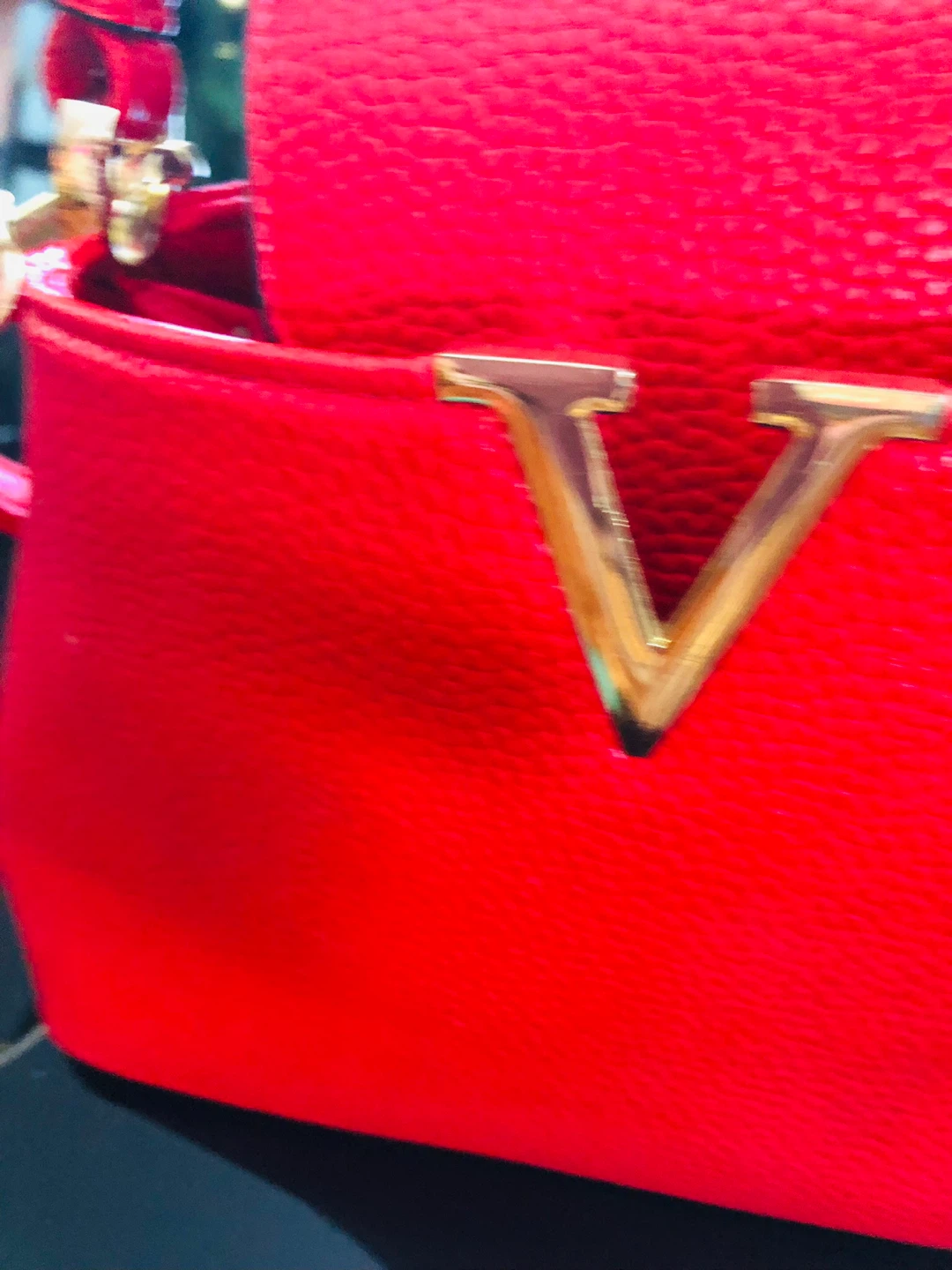 Red Faux Leather Handbag with Gold V Detail