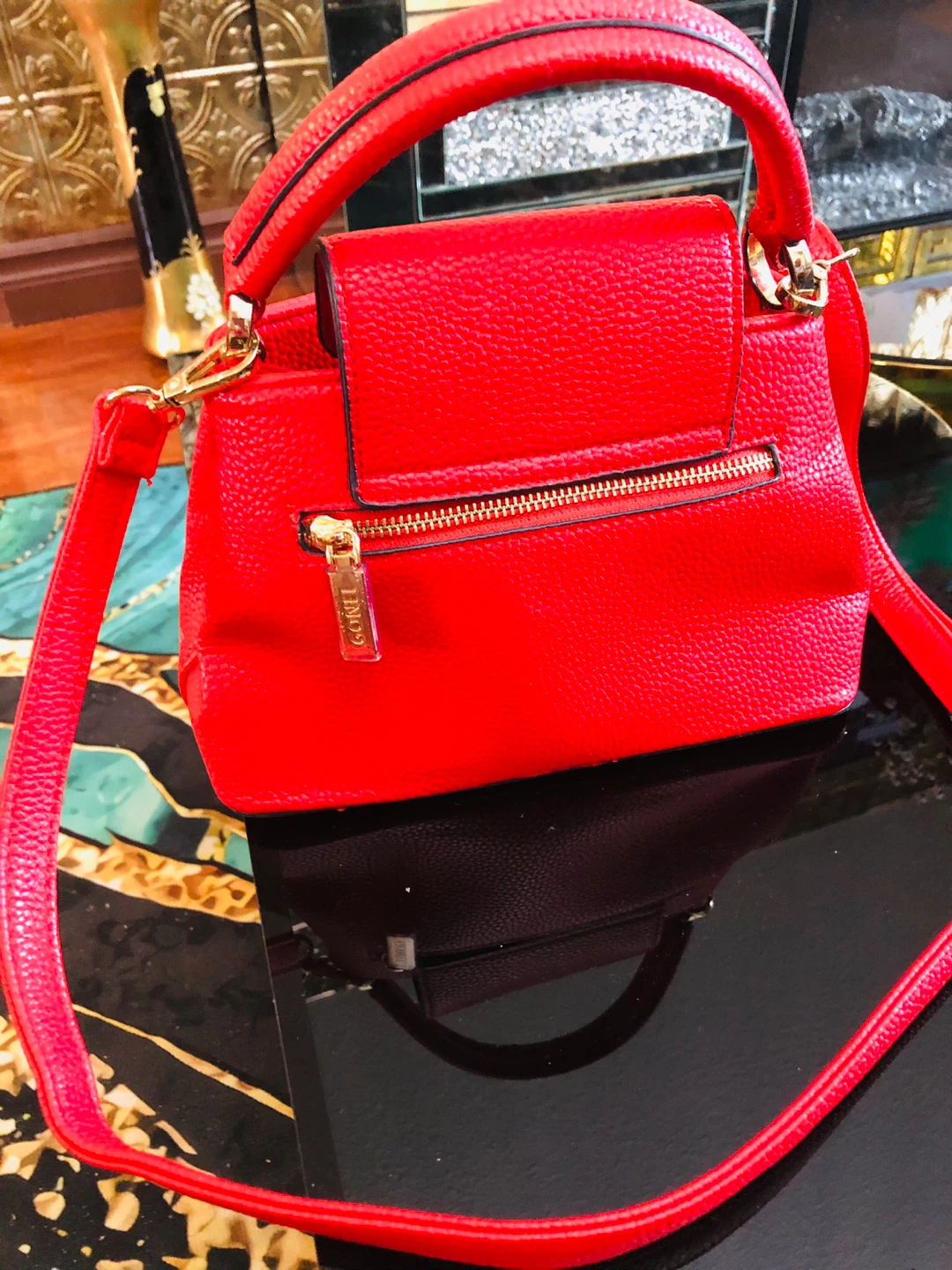 Red Faux Leather Handbag with Gold V Detail - photo 3