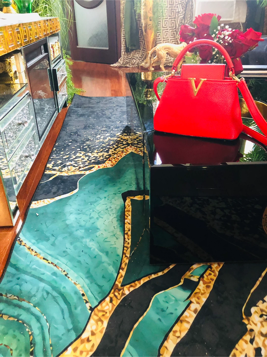 Red Faux Leather Handbag with Gold V Detail - photo 2