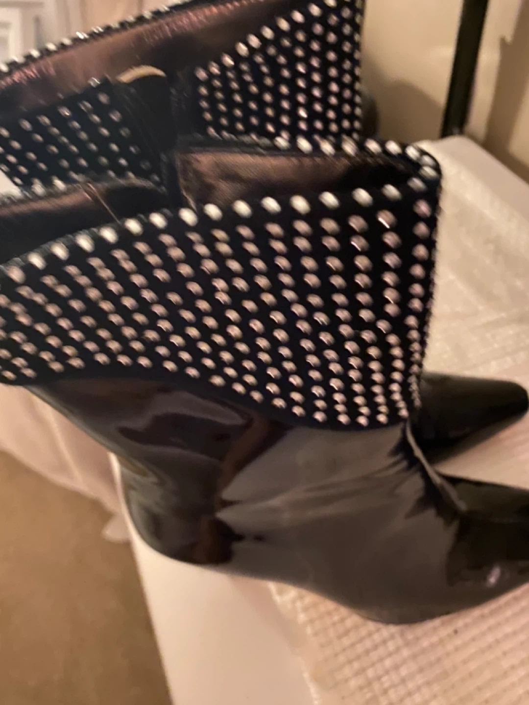 Black Patent Studded Heel Booties - Size 7