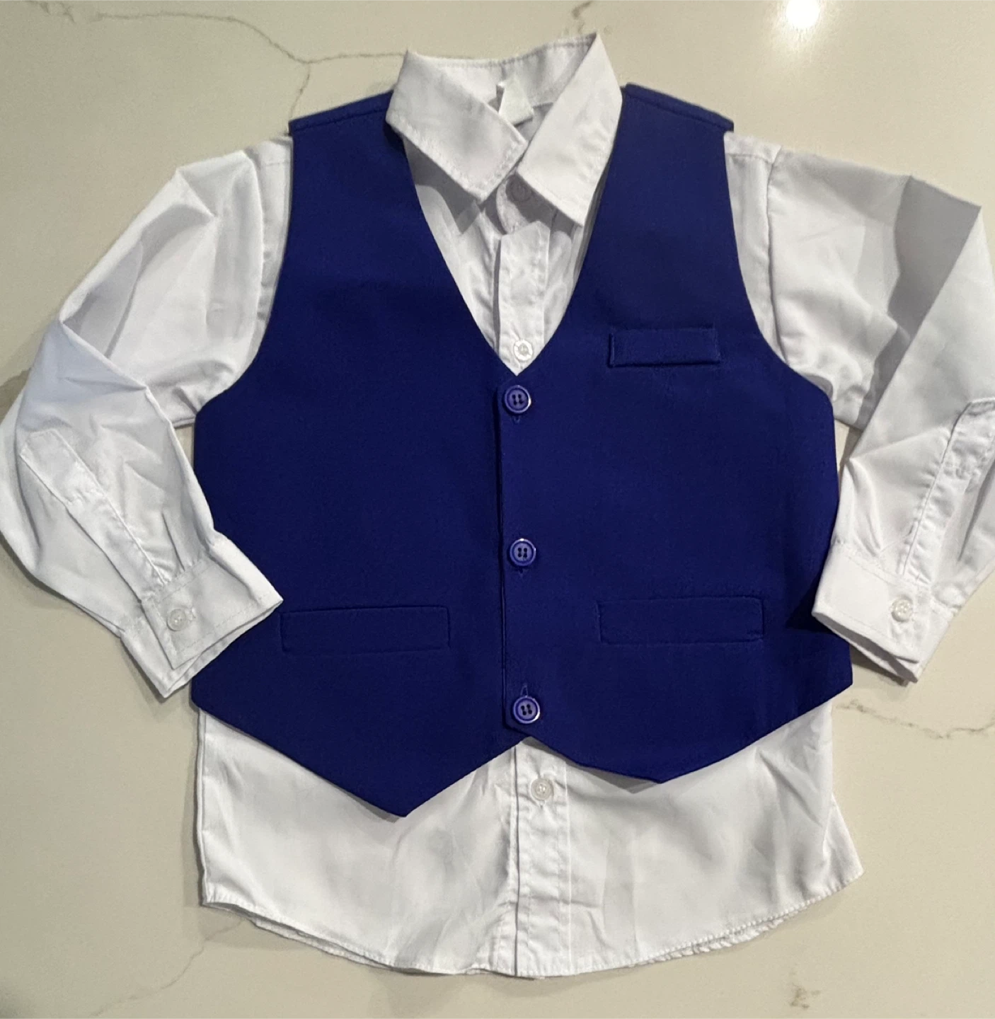 New Boys Size 3 White Shirt and Blue Vest Set - Size 3