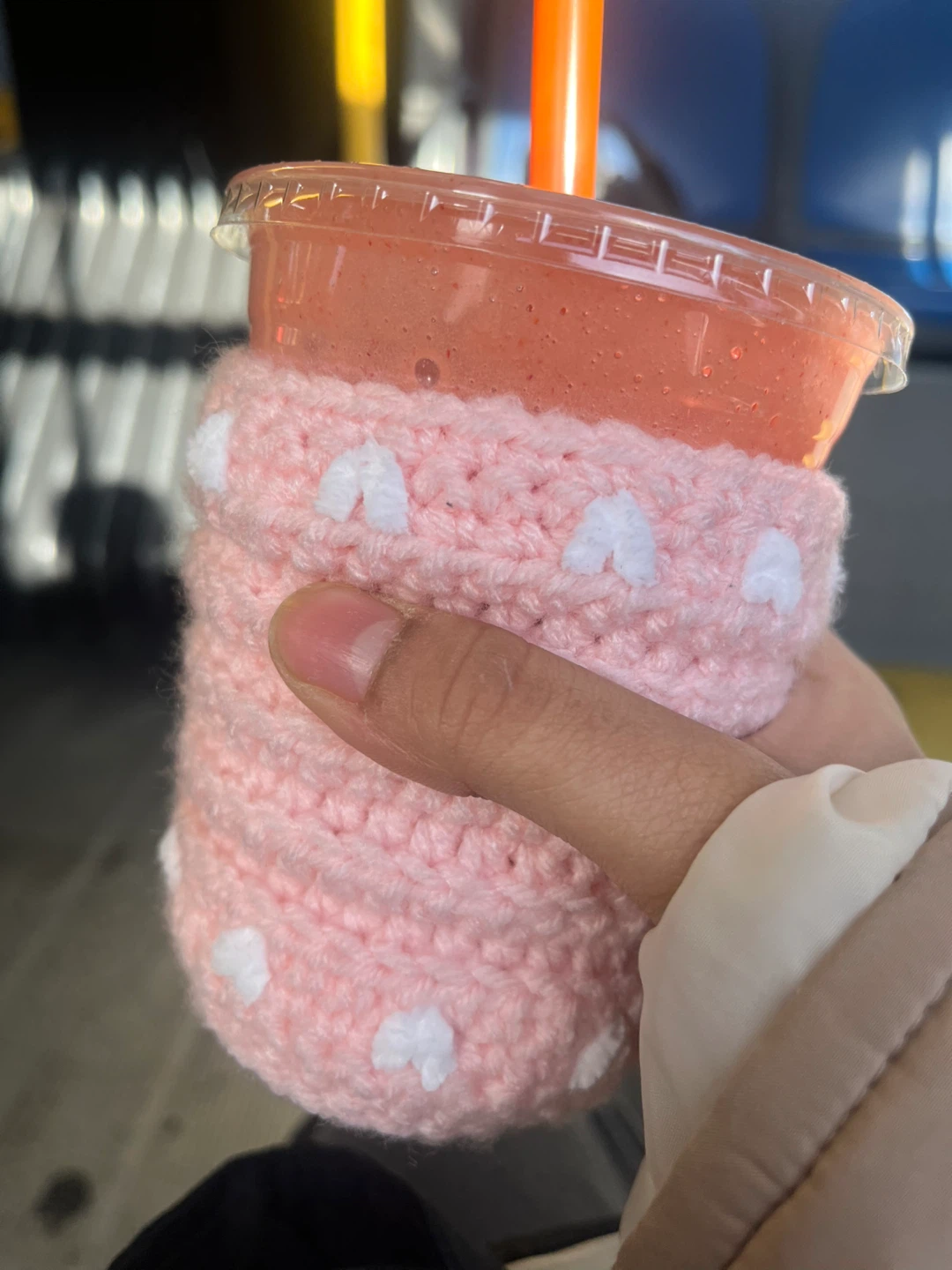 Crocheted Pink Cup Sleeve with White Hearts