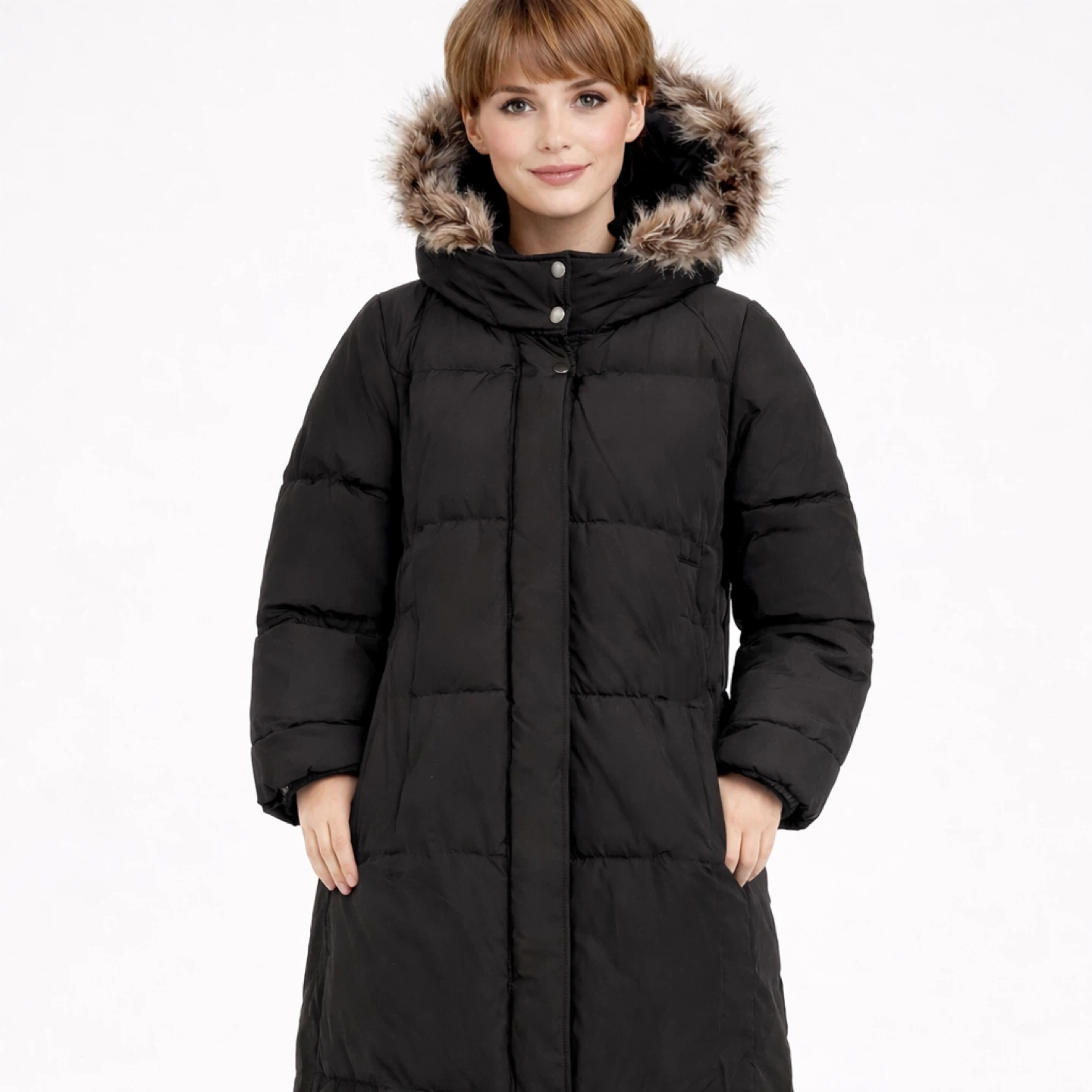 Postcard Black Puffer Coat with Fur Hood