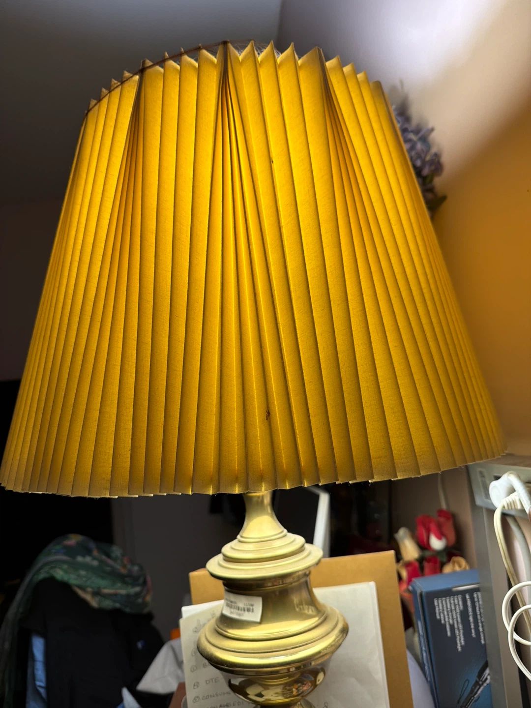 Pleated Yellow Lampshade with Brass Base