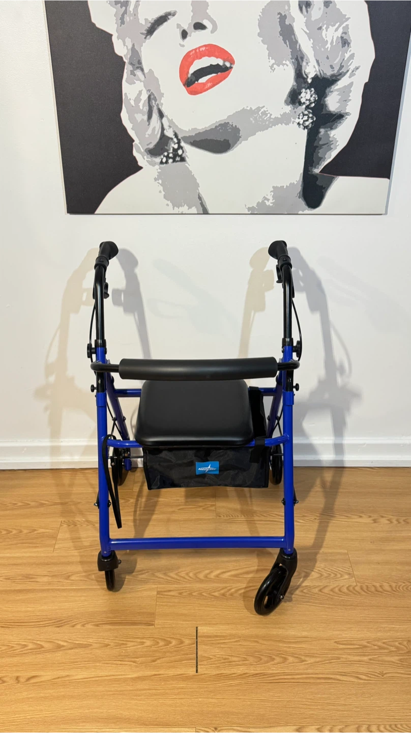 Blue Rolling Walker with Seat and Basket